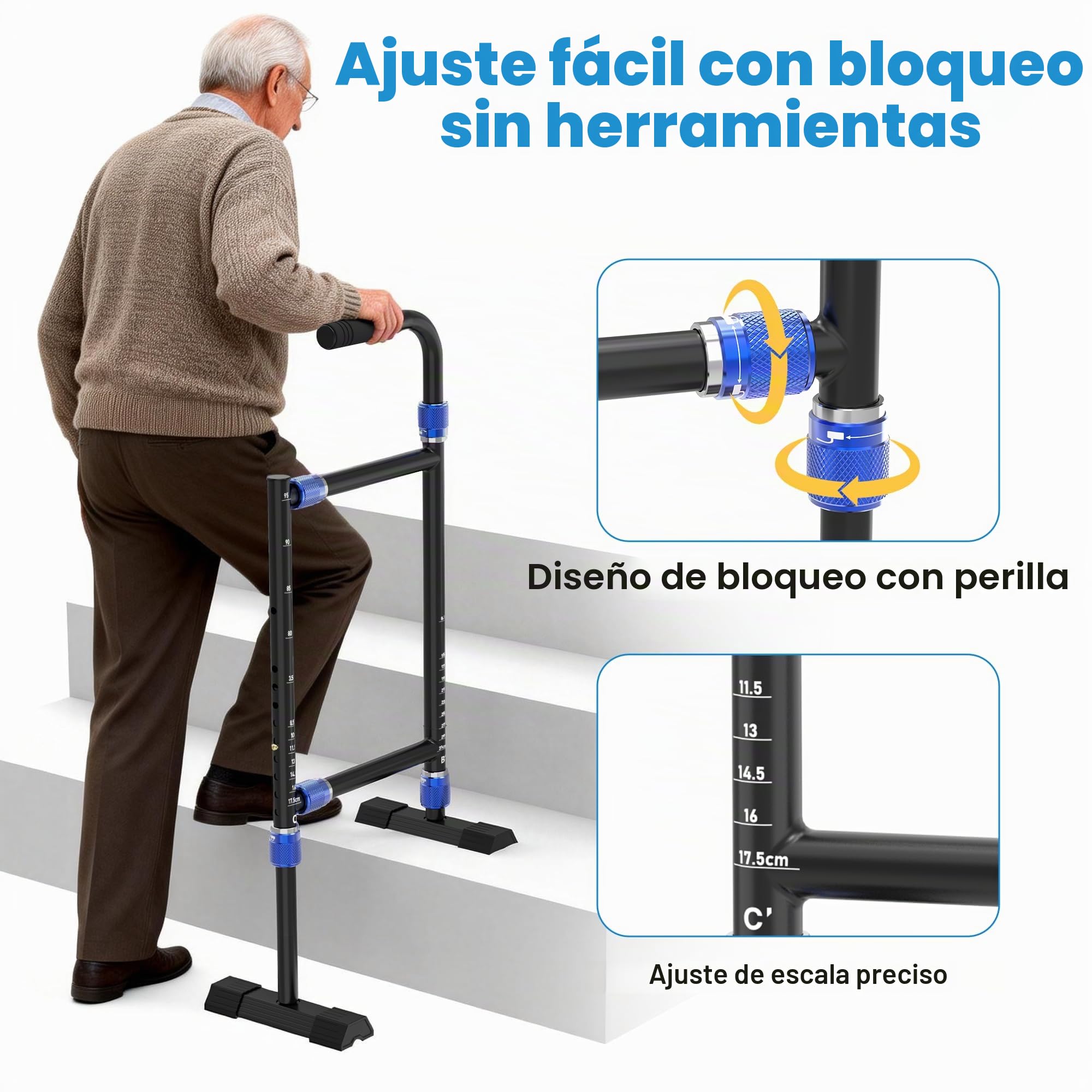 Bastón profesional de asistencia para escalar para personas mayores con dolor de rodillas, muletas ajustables para escaleras con personalización de ancho y altura, adecuado para la mayoría