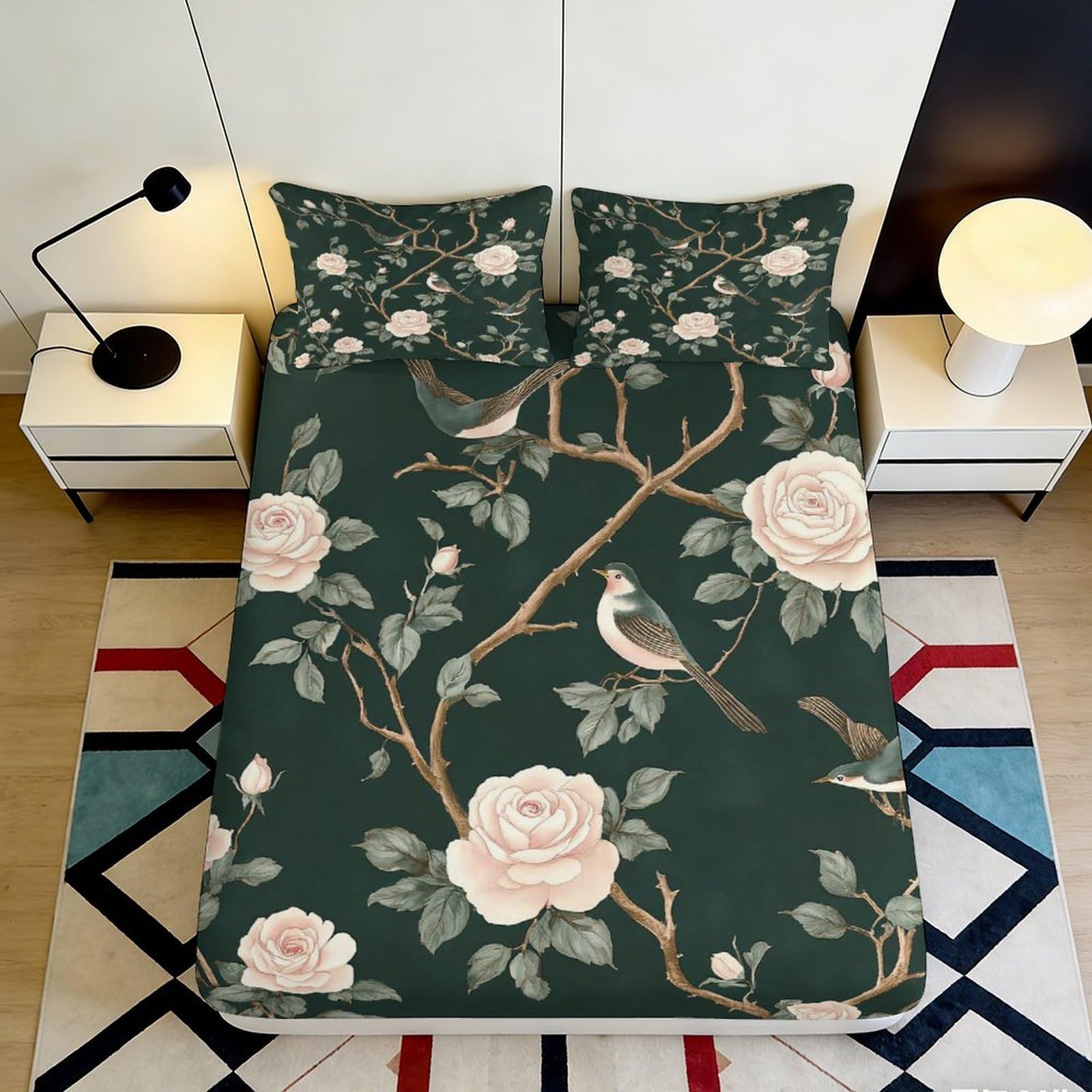 Jqzkxnhpbr Style-4 3D Printed Botanical Bird Fitted Sheet Microfiber Floral Rose Mattress Cover For Bedroom Guest Room Decor 90X200x25cm