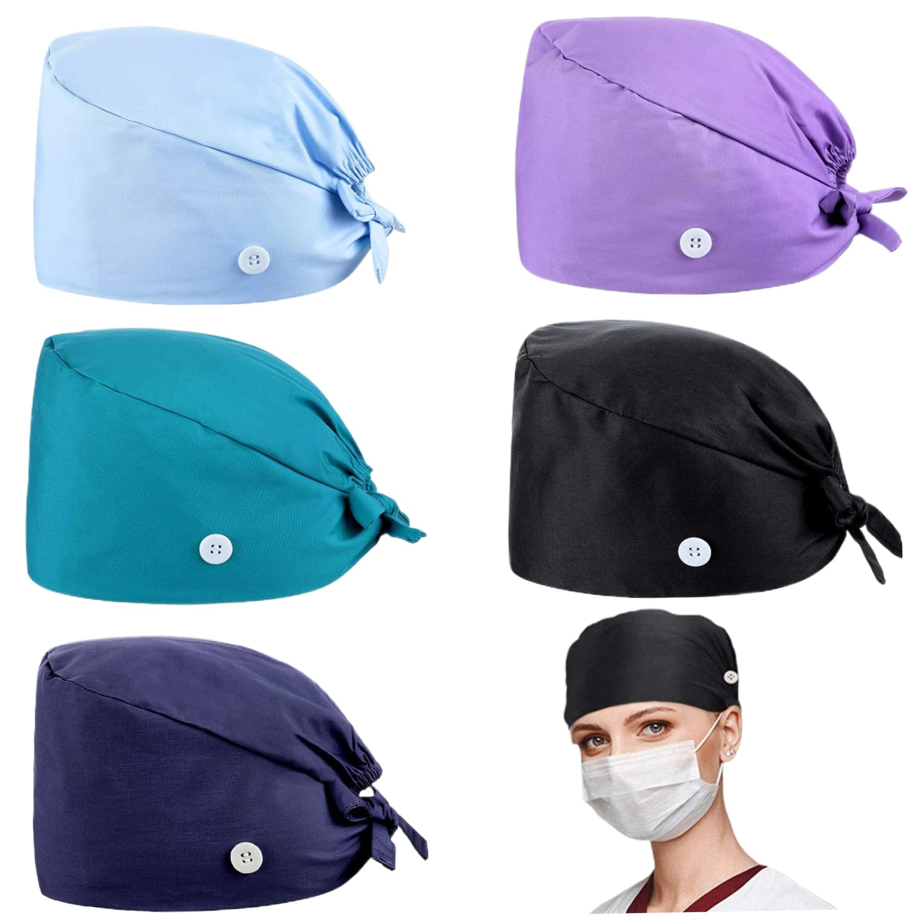 Peosaard 5Pcs Nurse Hat Sweat Absorbent Scrub Caps Free Size Adjustable Surgical Cap With Button 5 Colors Polyester Cotton Nursing Caps, Surgical Cap
