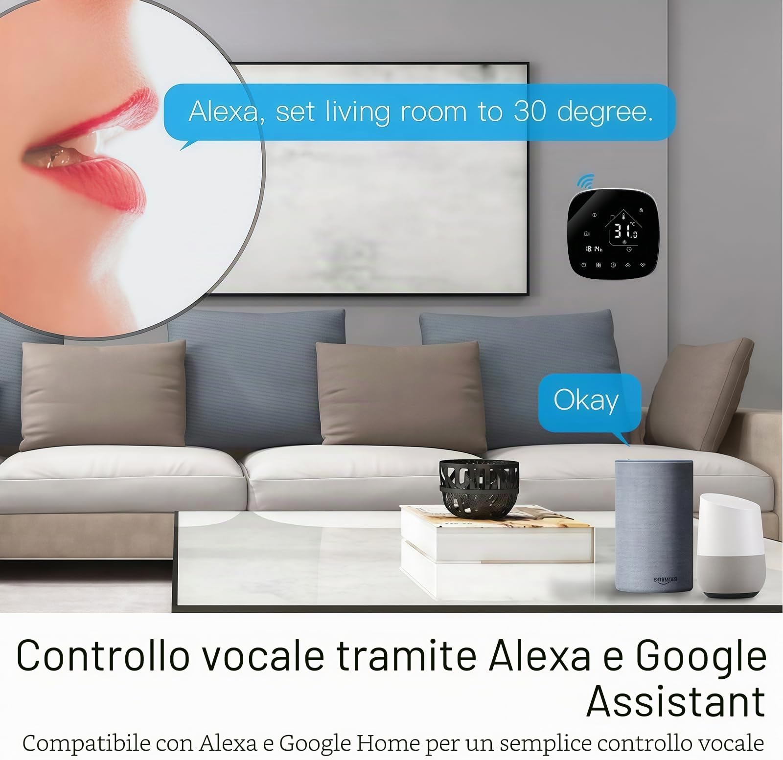 001 Serie WI-FI Termostato - Termostato Programmabile Touch Screen per Riscaldamento Acqua/Elettrico/Caldaia - Controllo Remoto Tramite Cellulare Funziona con Alexa, Google Home, IFTTT