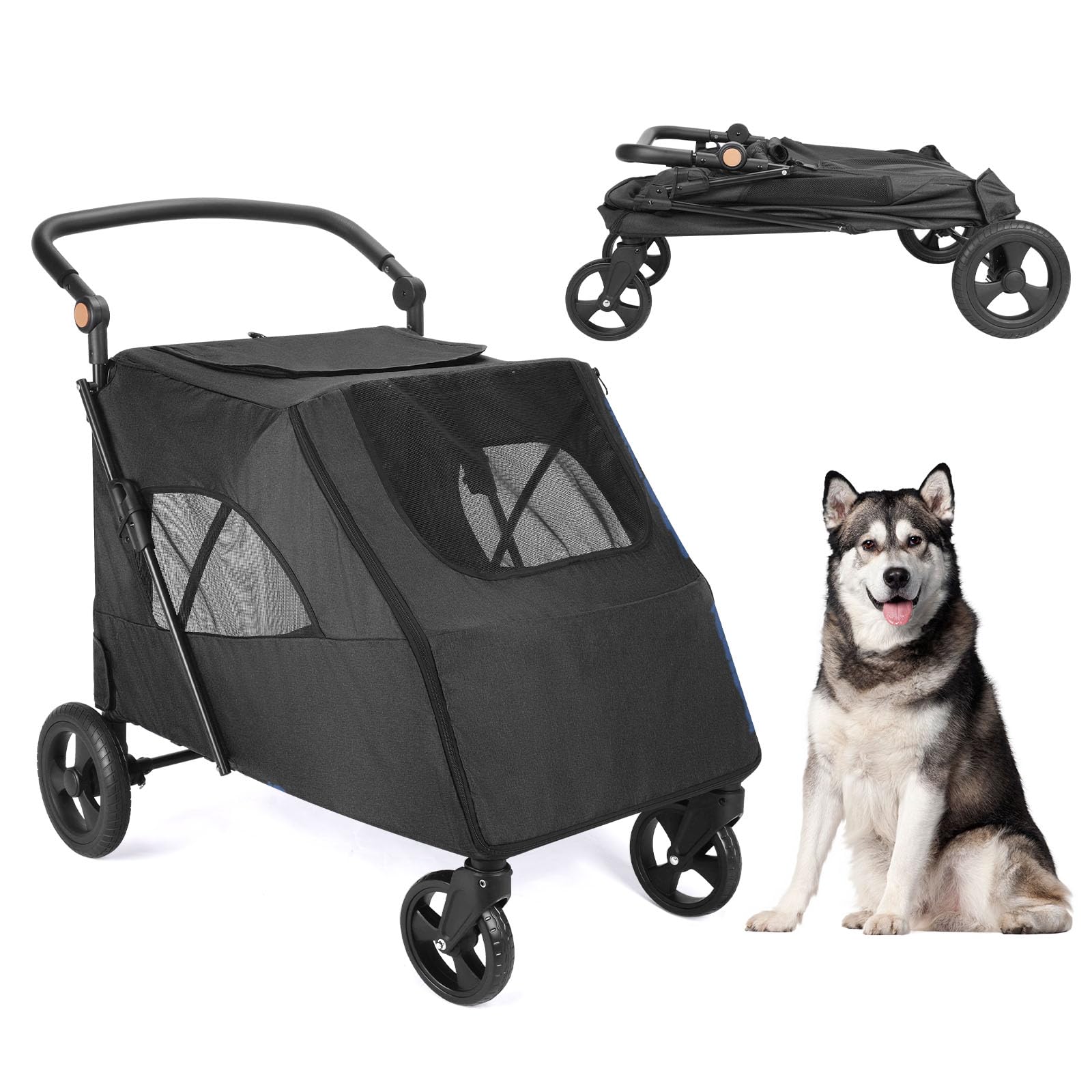 Cochecito de viaje grande para perros con 4 ruedas resistentes, cochecito para mascotas con mango ajustable, carro de gran capacidad con puerta delantera trasera para perros pequeños, medianos