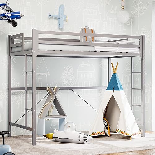 IKIFLY Base de cama tipo loft de tamaño individual con 2 escaleras, camas altas de metal para jóvenes, riel de protección de seguridad, sin ruido,