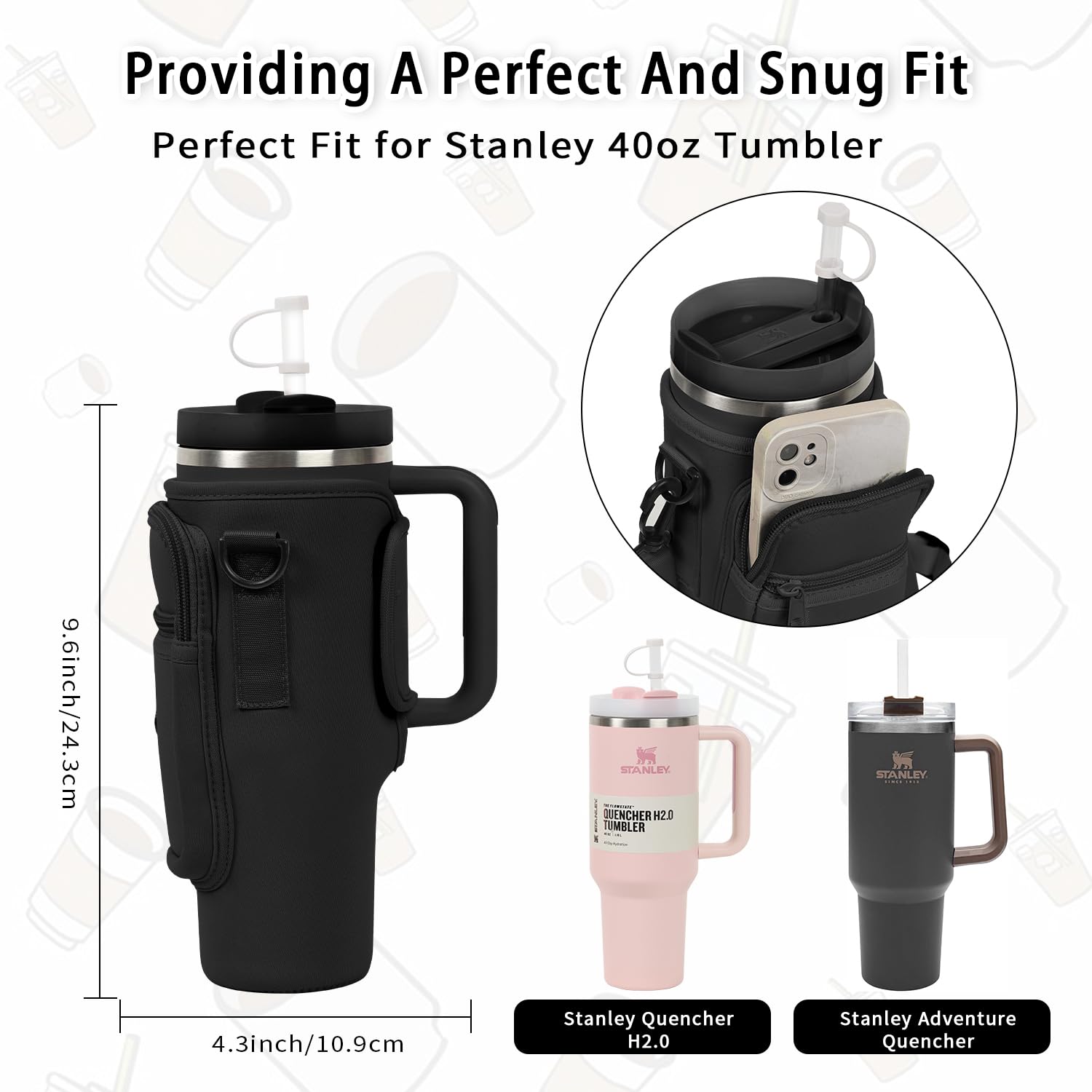 HXFRTYU Sac De Transport Pour Bouteille D'eau Avec Poche Visuelle Pour Téléphone Portable Pour Gobelet Stanley De 1,2 L, Pochette En Néoprène Avec Sangle Réglable Et Mousqueton Pour Accessoires De