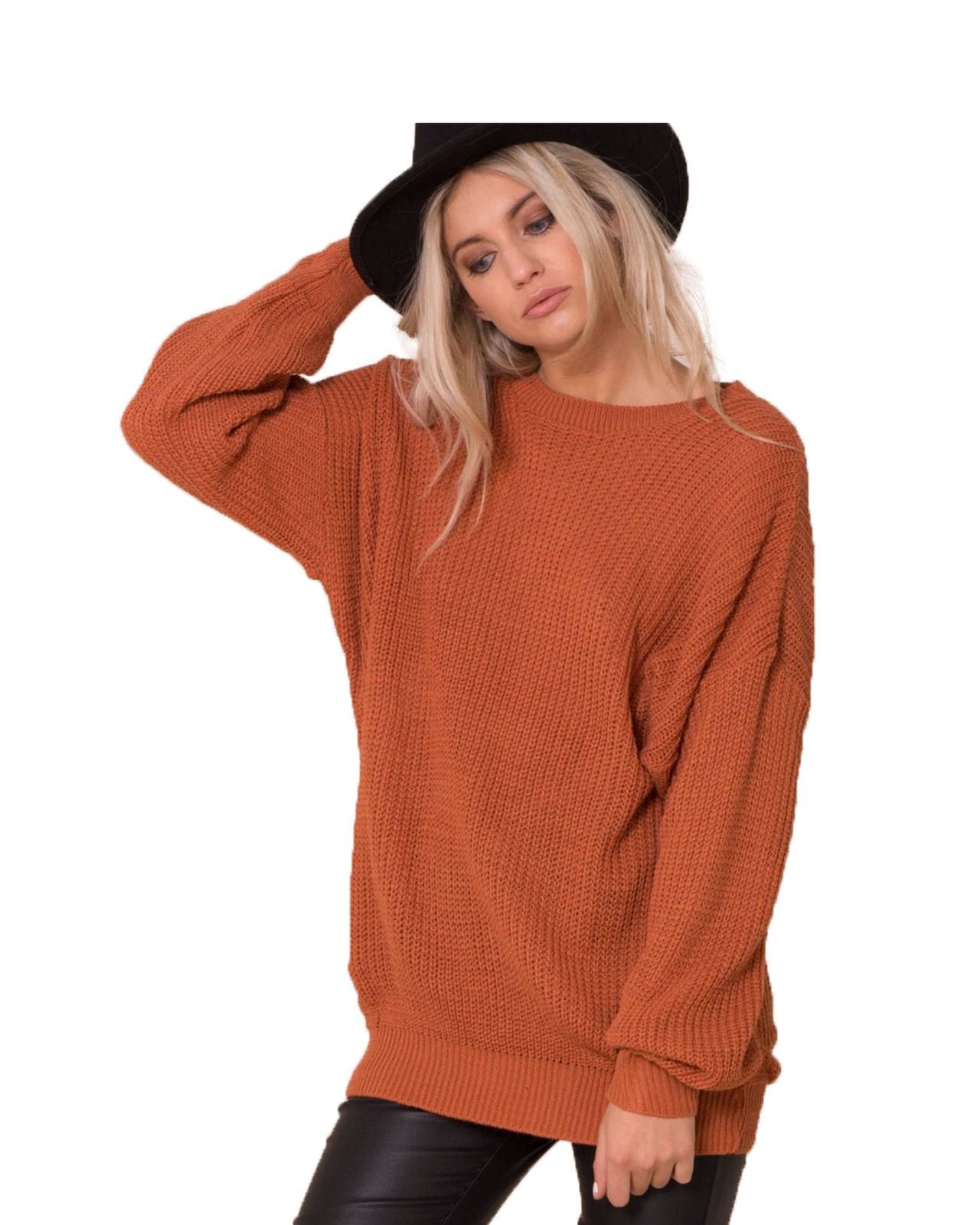 New Ladies Women Oversized Long Sleeve Knitted Baggy Jumper Sweater Crew Neck Pullover Top[Rust,SM]