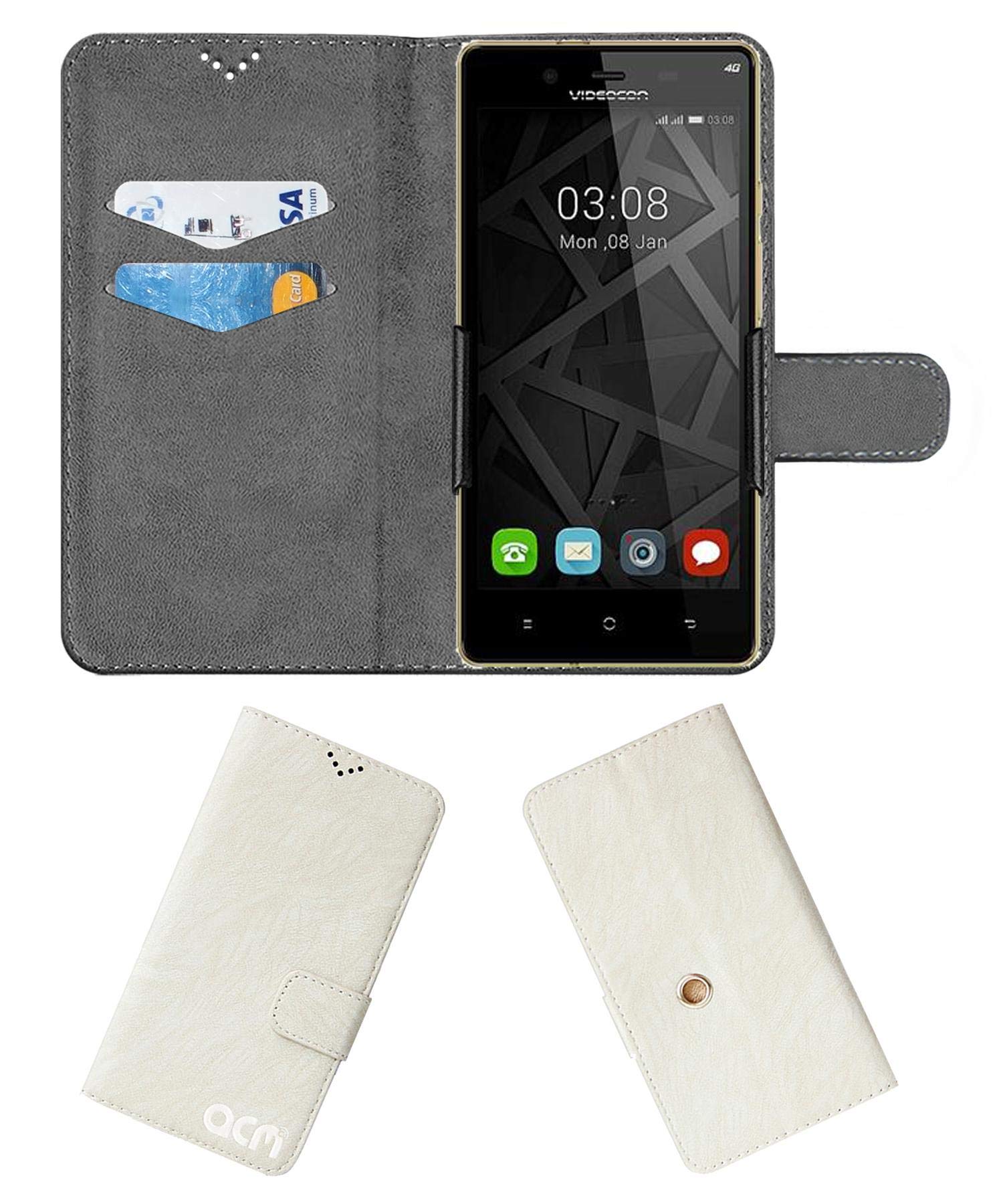ACM Rotating Clip Flip Case Compatible with Videocon Z55 Krypton Mobile Cover Stand Cream White