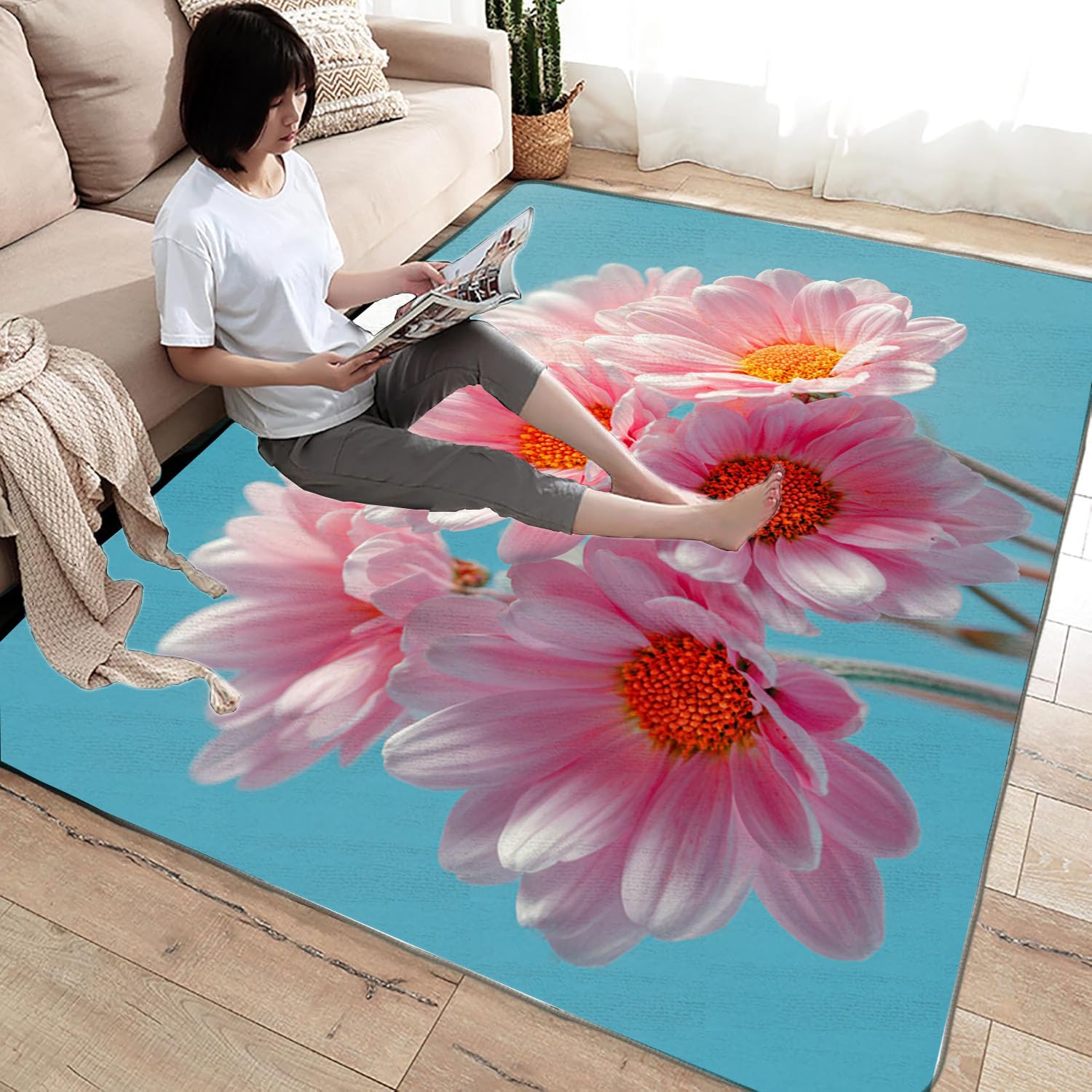 Tapis de Salon Imprimé Coloré Marguerites en Poudre Tapis de Salon, Chambre Adulte Salle à Manger Bureau(Rose pâle)-90x120cm