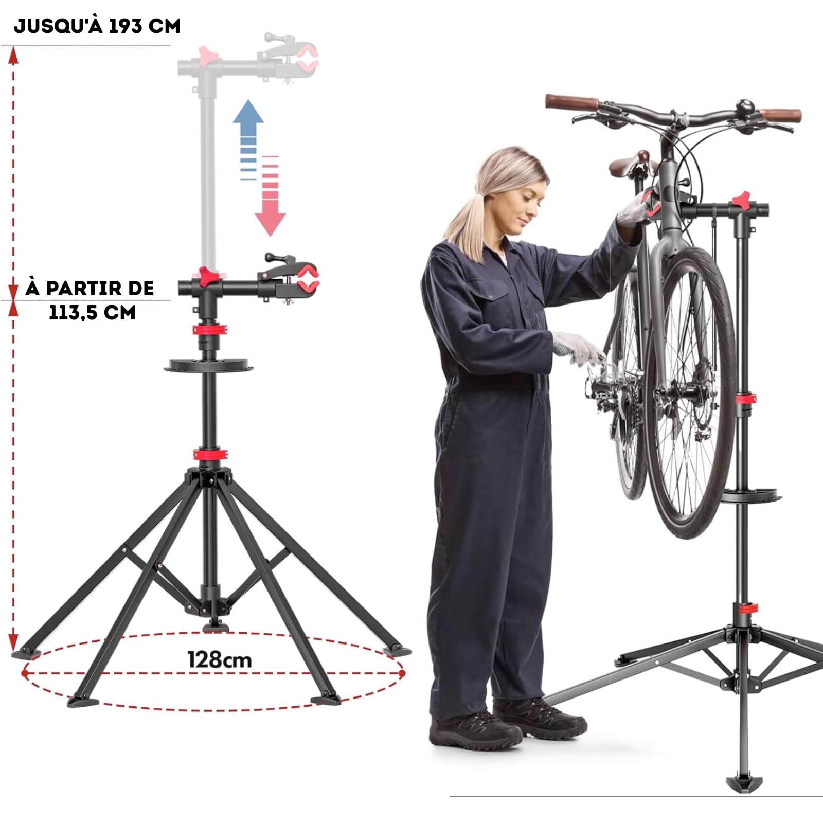 KARAT - Pied de Montage vélo jusqu'à 30 kg - Support de réparation Professionnel avec Plateau à Outils, Pivotant, Pliable, Hauteur réglable - 128 L x 128 l x 113,5-193 H cm, Noir-Rouge (Lois)