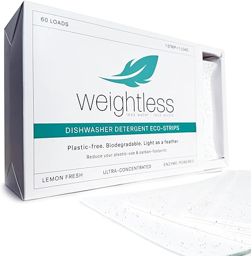 WEIGHTLESS Hojas de detergente para lavavajillas, 60 cargas, fórmula alimentada por enzimas que corta la grasa y se disuelve pegada en los