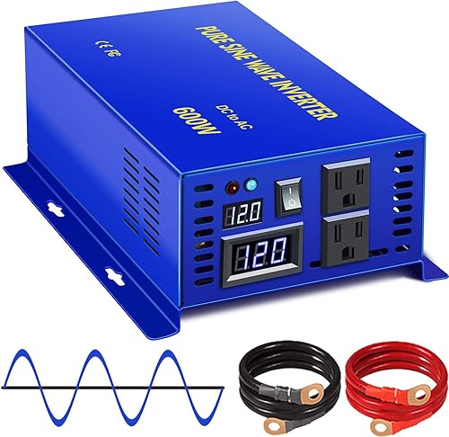 Inversor de onda sinusoidal pura de 600 W, 12 V a 110 V, 120 V, inversor de energía solar, CC a CA, enchufe dual de EE. UU. para automóvil (cable de