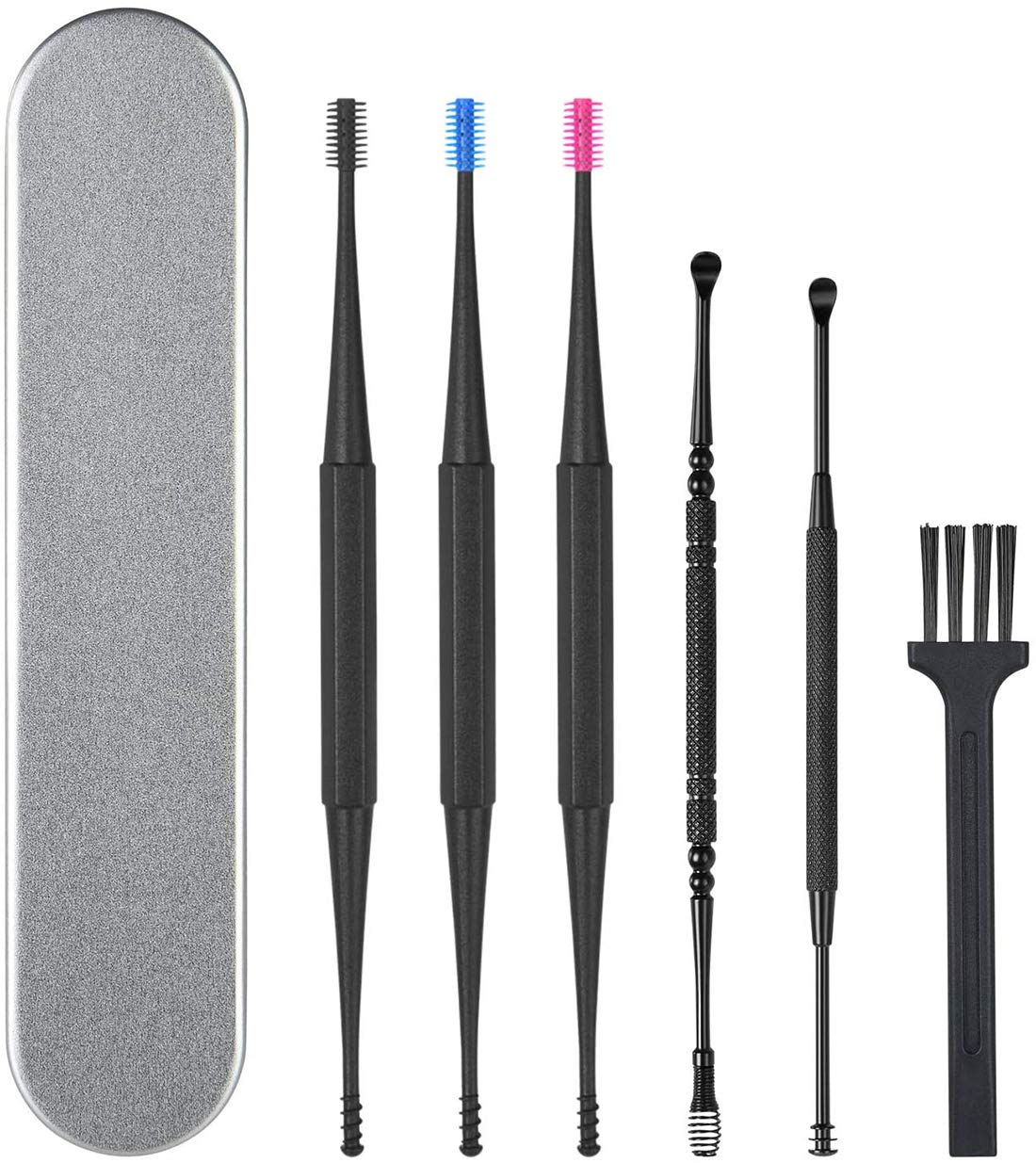 Glitz Ear Wax Removal Tool Cleaner Kit with Metal Storage Box | 6 Pcs Ear Pick Curette Set with Cleaning Brush for Earwax Remover and Cleansing