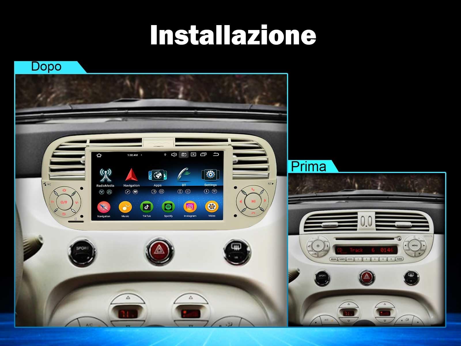 Erisin Android 16 4GB+64GB Autoradio Bluetooth per Fiat 500 500C 500S 500E | 8-Core 7 pollici IPS Schermo tattile, Supporto GPS Navigatore Senza fili CarPlay Android Auto WiFi 4G DAB+ DSP Canbus FM RDS