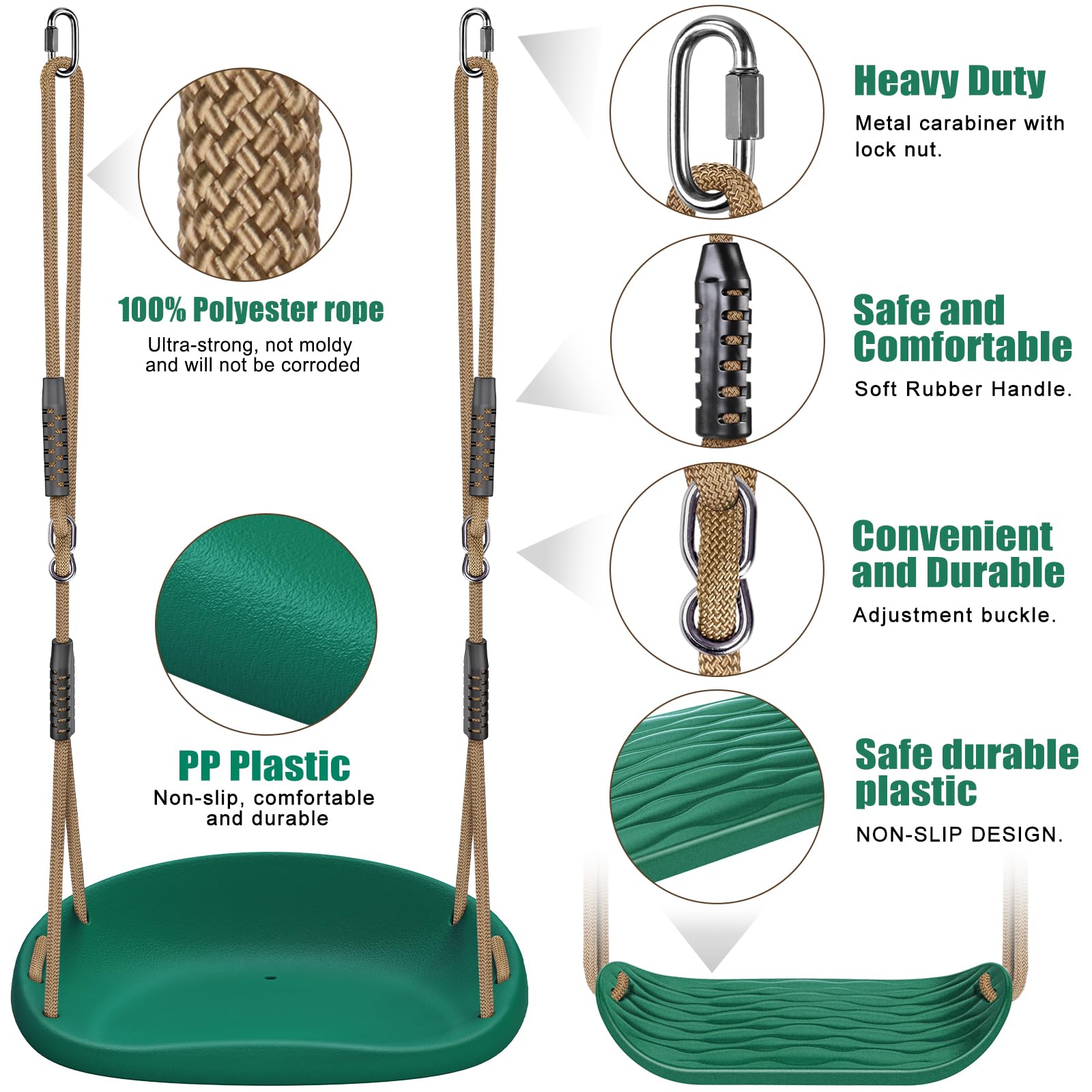 SELEWARE Paquete de 2 Asientos de Columpio de plástico Resistente con Cuerda Ajustable y conexión rápida, Accesorios de Repuesto para niños y Adultos, Columpio de árbol de Patio Trasero para