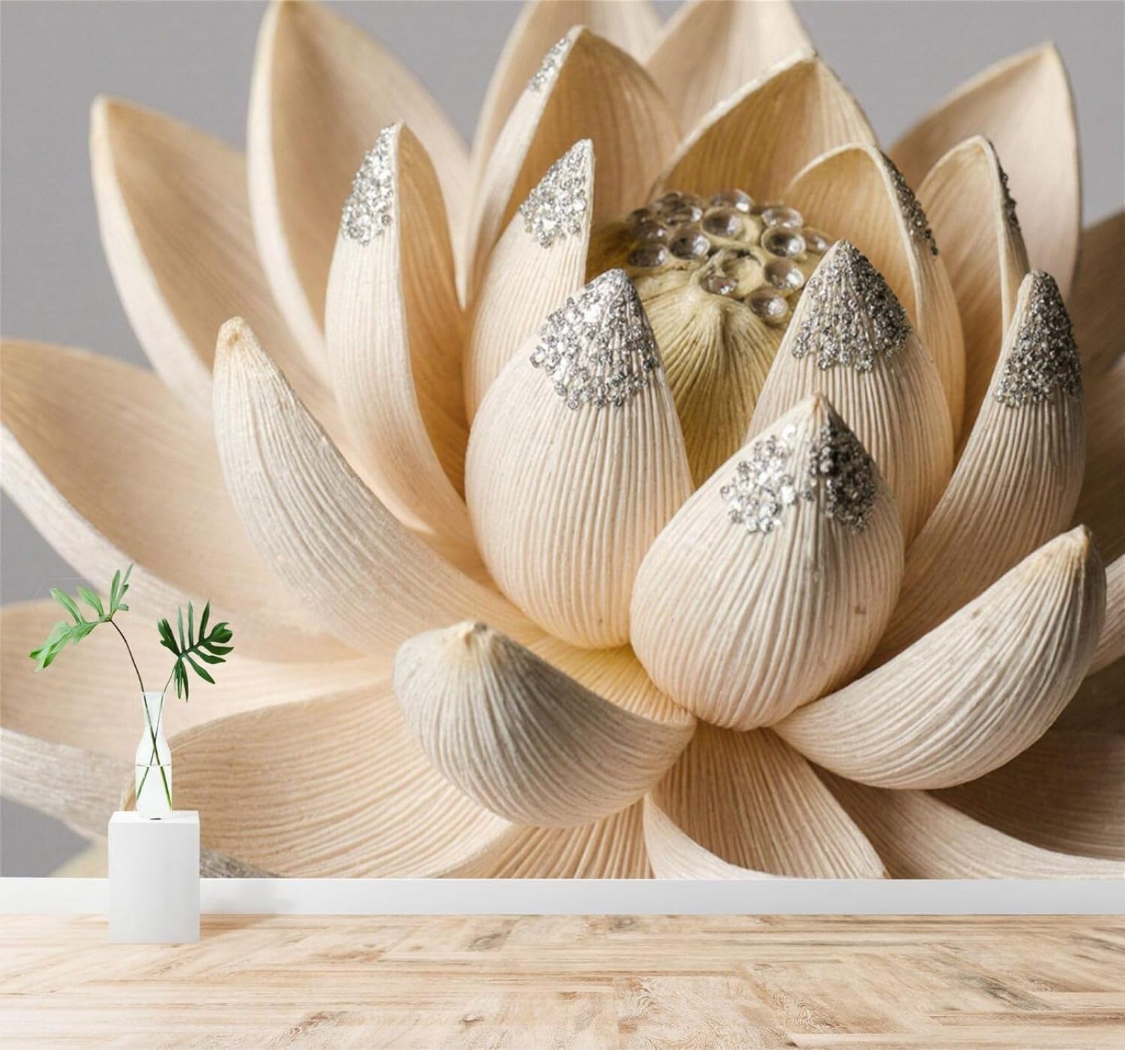 Tzxztt Beige Lotus Silver Sequins Elegant Flowers Modern 3D Wallpaper Premium Textured Silk Neutral Tones Material Ideal for Living Room Bedroom-400cm×280cm