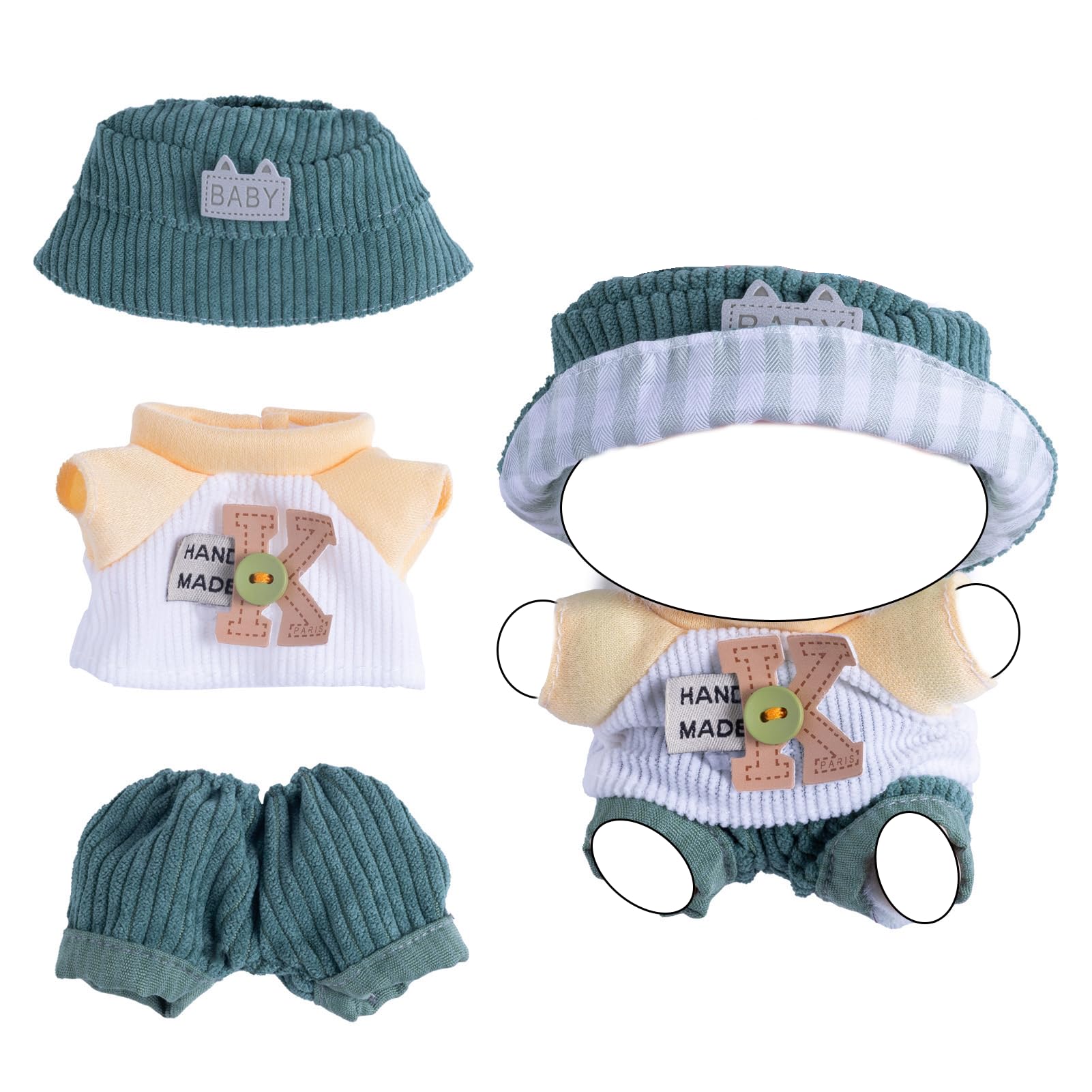 Clothes for Doll – Casual Youth Outfit for 17cm Dolls, Green Hat, White & Yellow Letter K Shirt & Green Pants – Doll Accessories Only