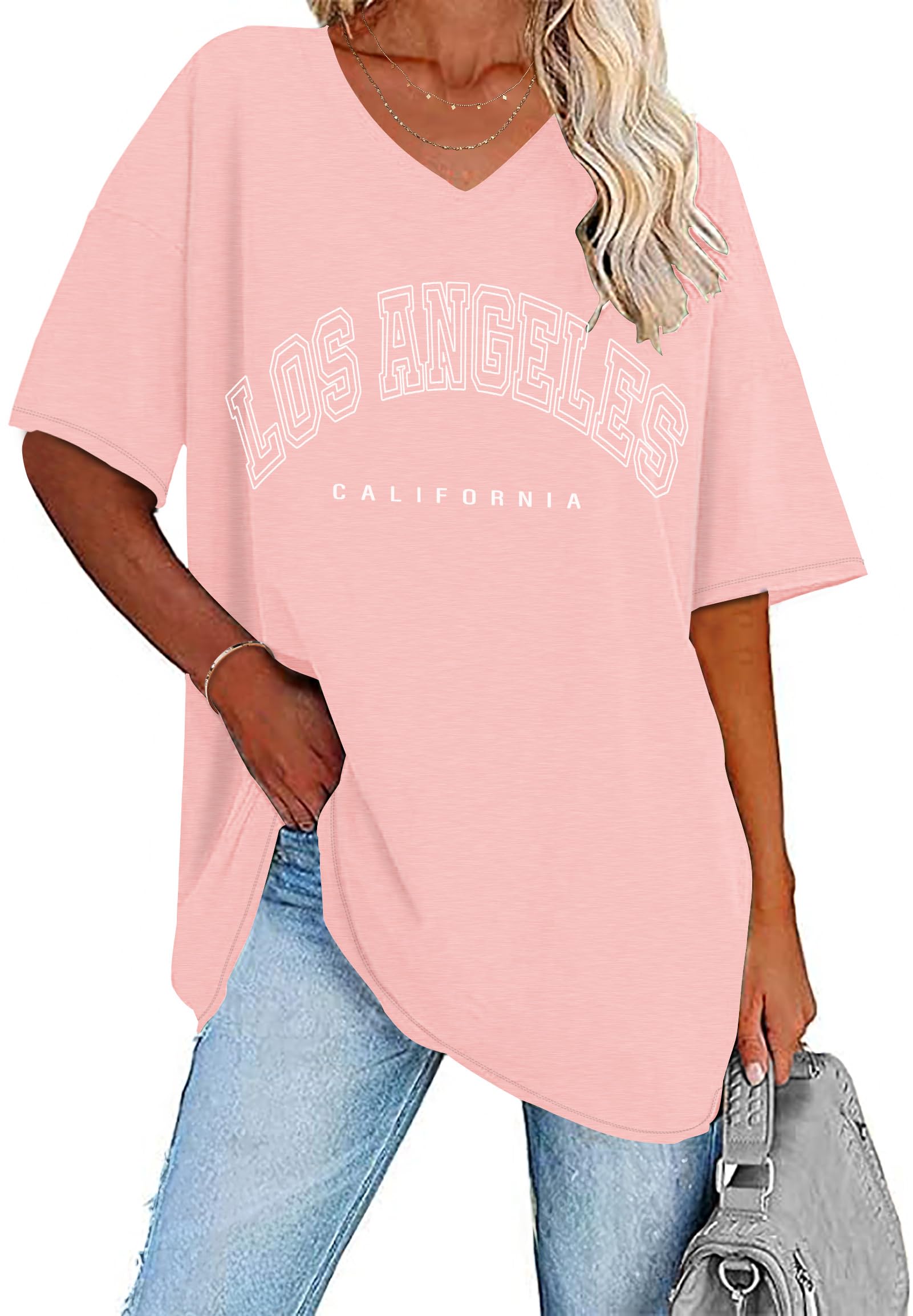 WNEEDU T-Shirt Women's Summer Oversize Shirt Short Sleeve V Neck Tops Casual Top