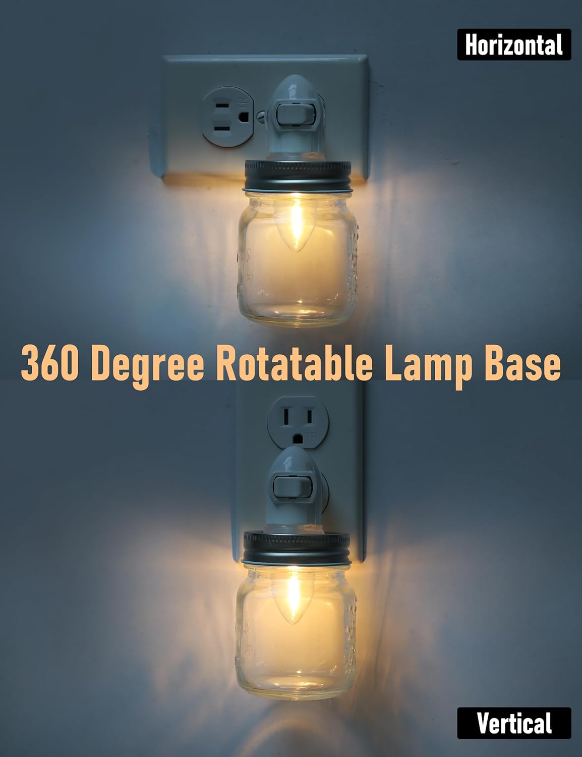 Vintage Mason Jar Plug in Night Light with On Off Switch, 2-Pack 0.5W LED Night Lights Plug into Wall Socket, Farmhouse Nightlight with Mason Jar Lamp Shade for Adult Kids Room Bathroom Hallway