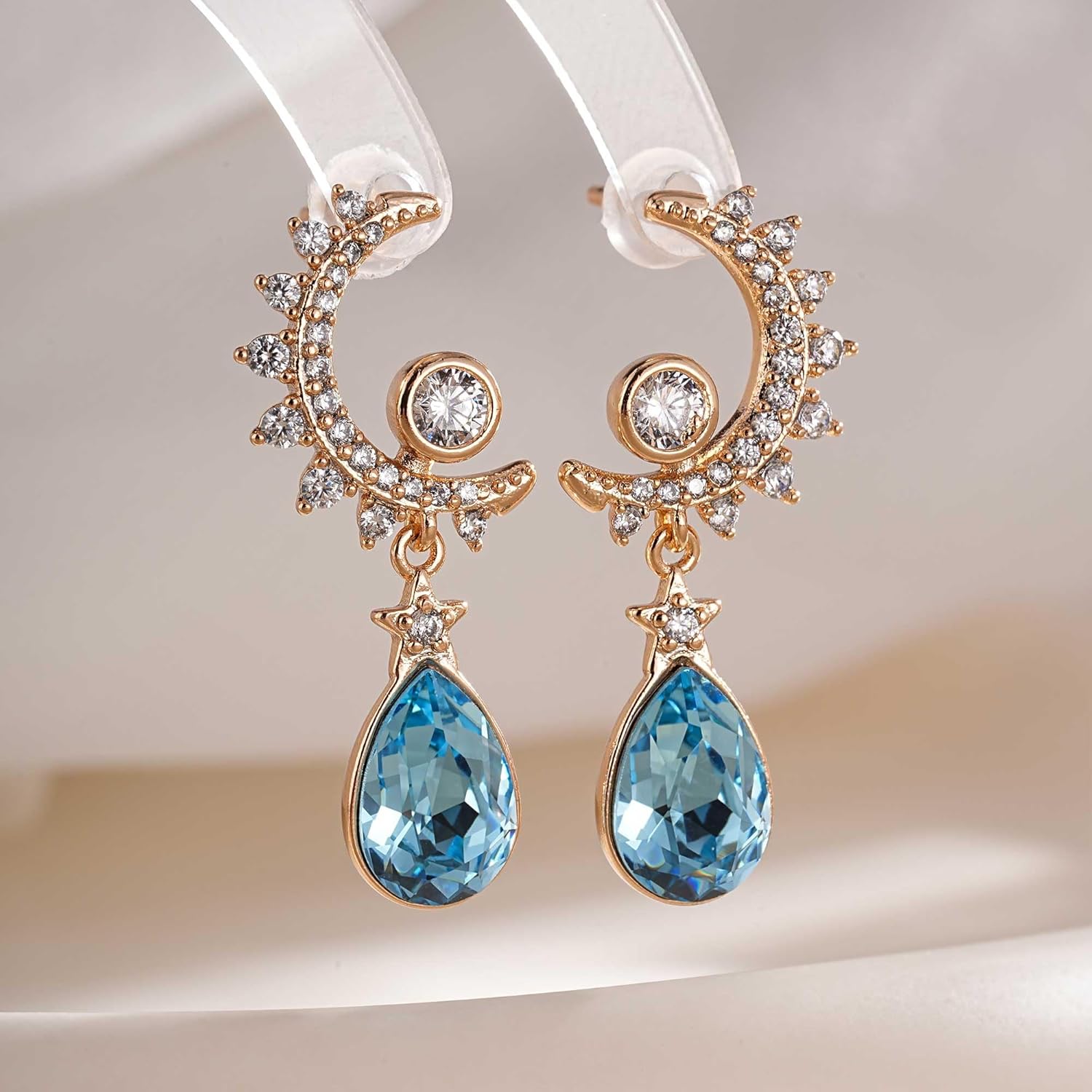 EVEVIC Austrian Crystal Teardrop Moon Star Celestial Dangle Earrings for Women 14K Rose Gold Plated Hypoallergenic Drop Earring Jewelry Gifts - Image 3