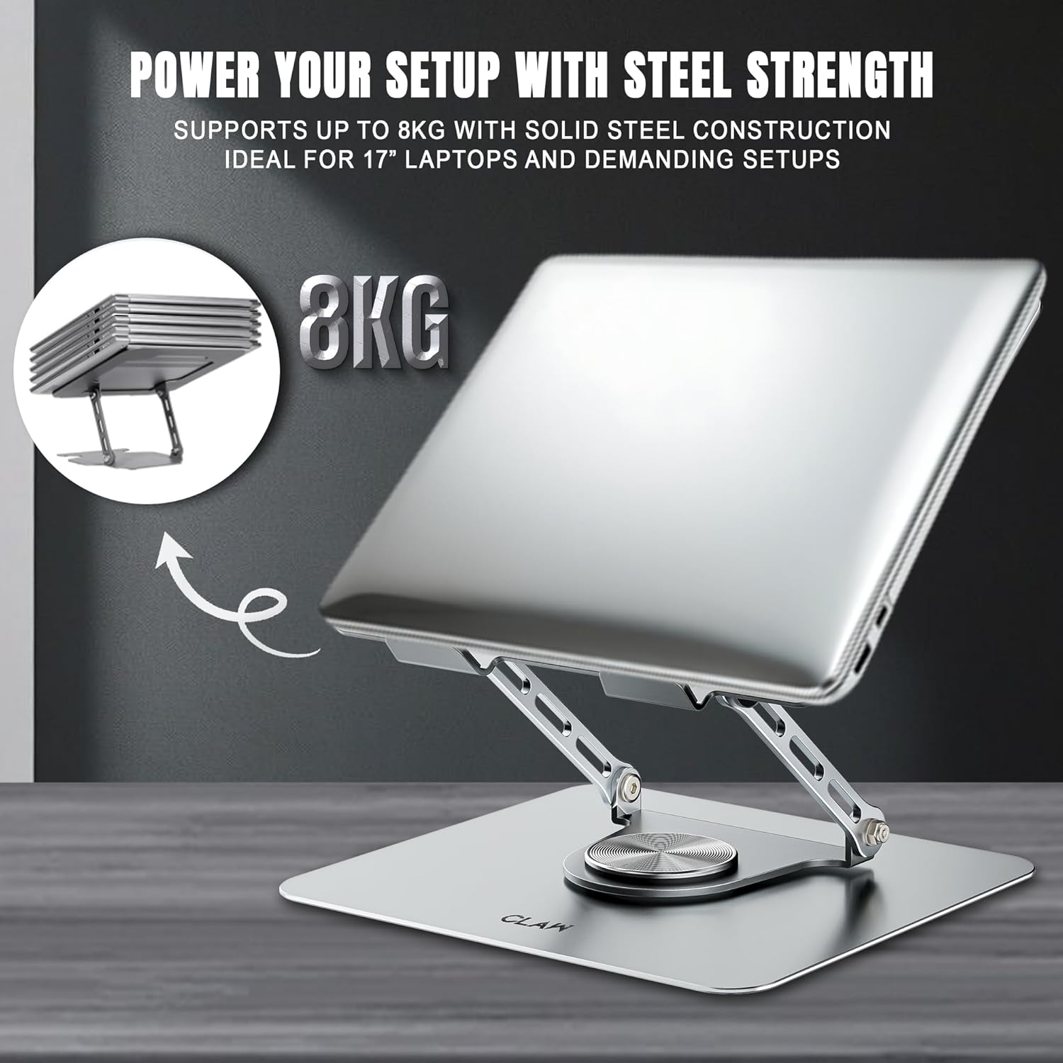 CLAW Lift Pro X11 Laptop Stand with 360° Rotating Base, Multi-Angle Adjustment, Heavy-Duty Steel Frame, Anti-Slip Silicone Pads, Foldable Design, Supports Up to 17-Inch Laptops & 8KG Load – Black 24 713Ir DicwL. SL1500