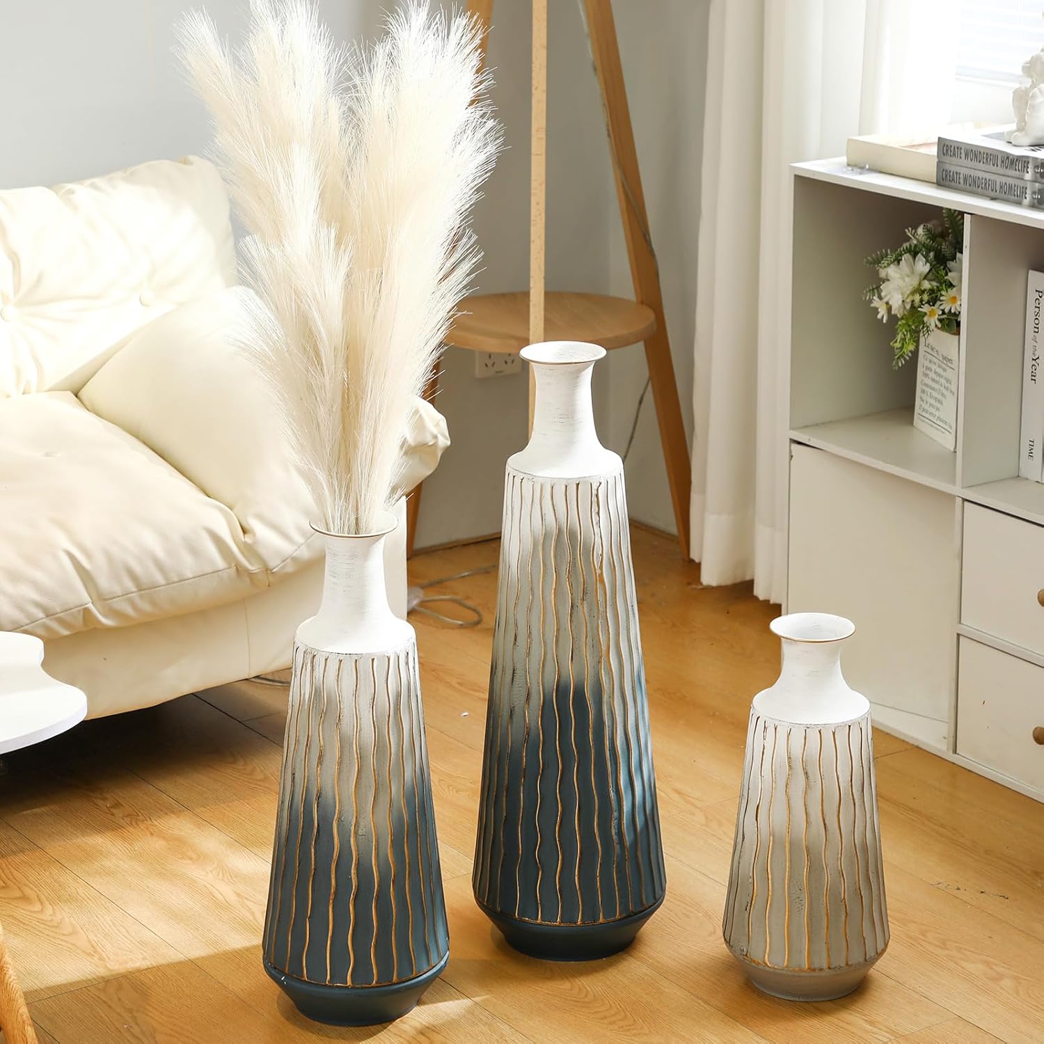 3 Pcs Tall Metal Vase 27/21/16 Inch Metal Standing Decorative Floor Vase Detachable Vintage Large Floor Decor for Living Room Dining Bedroom Home Corner Hallway Office, Blue Gray Ombre