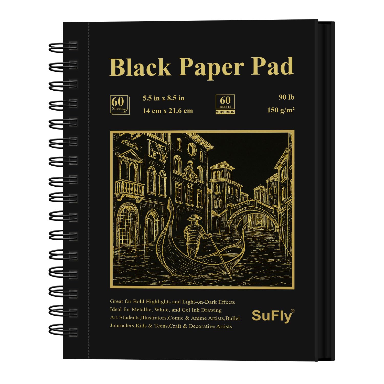SuFly Czarny papierowy szkicownik 5,5 x 8,5, 60 arkuszy (40 kg/150 g/m²) papier artystyczny do rysowania, czarny papier do kolorowych ołówków i długopisów żelowych, artykuły artystyczne, szkicowniki