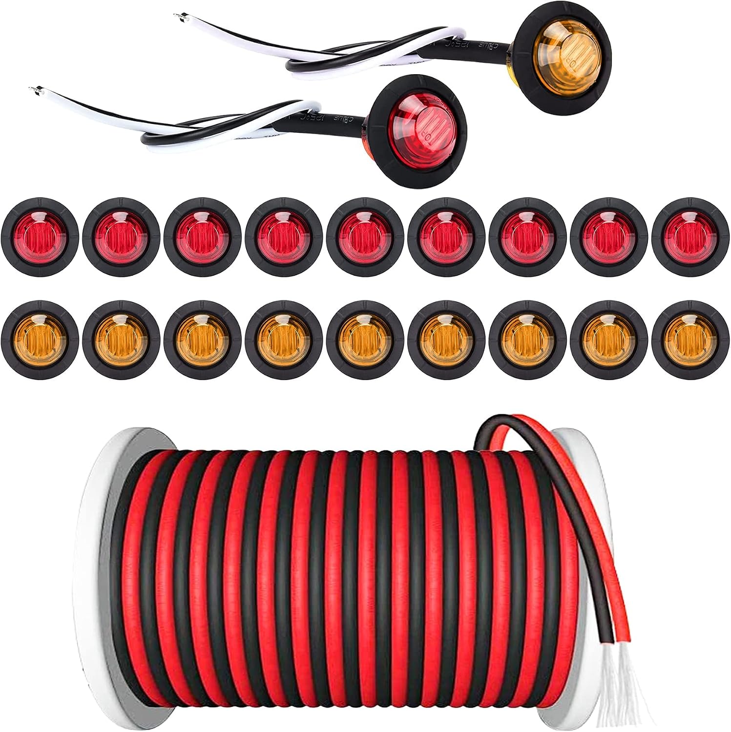 PSEQT 3/4'' Round LED Trailer Side Marker Clearance Lights (10Pcs Red,10Pcs Amber) + 100FT/30M 22AWG 2pin Extension Cable Wires Cord (1Pcs)