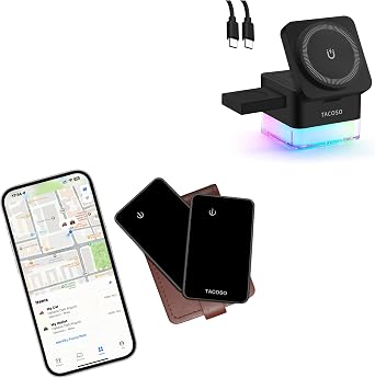 Apple Find My Wallet Tracker Card 2-Pack + 3-in-1 Wireless Charging Station Cube Black with Night Light, Travel-Ready Smart Accessories for iPhone Users
