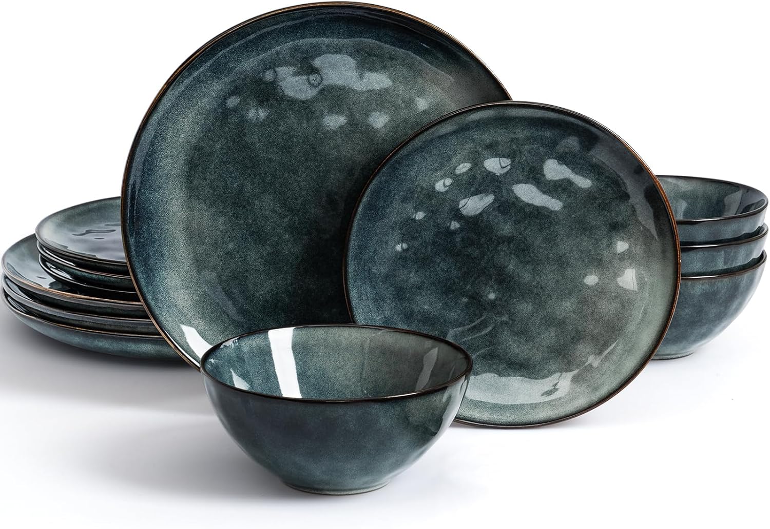 Famiware Dinnerware Sets for 4, Ocean Round 12-Piece Kitchen Plates and Bowls Sets, Reactive Glaze, Microwave and Dishwasher Safe, Scratch Resistant, Deep Forest Famiware Dinnerware Sets for 4, Ocean Round 12-Piece Kitchen Plates and Bowls Sets, Reactive Glaze, Microwave and Dishwasher Safe, Scratch Resistant, Deep Forest