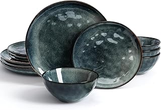 Famiware Dinnerware Sets for 4, Ocean Round 12-Piece Kitchen Plates and Bowls Sets, Reactive Glaze, Microwave and Dishwasher Safe, Scratch Resistant, Deep Forest