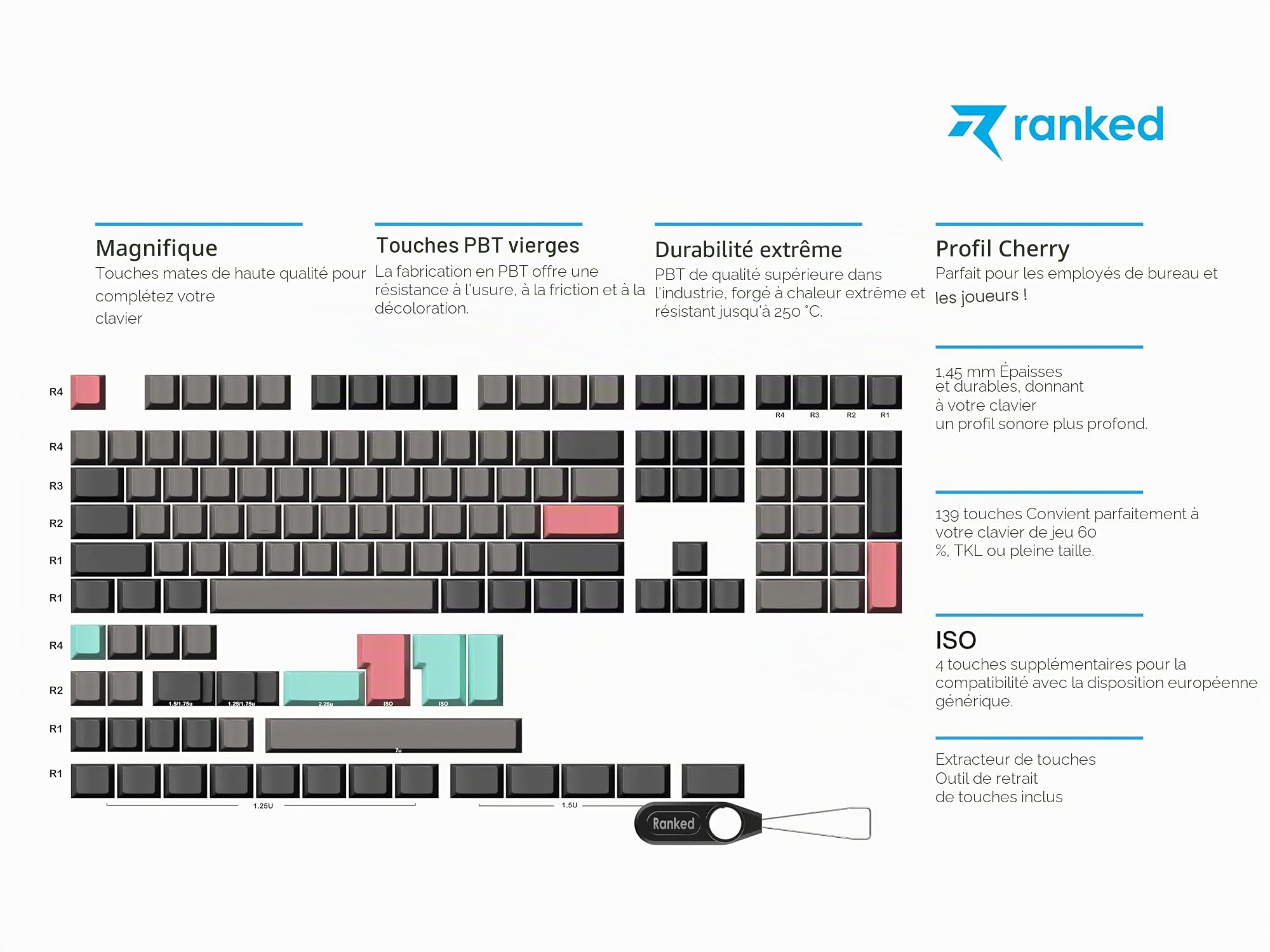 Ranked Set de Touches Vierges | 1.4 mm Thick PBT | Profil Cherry pour Clavier Mécaniques (Dolch, 139 Touches)