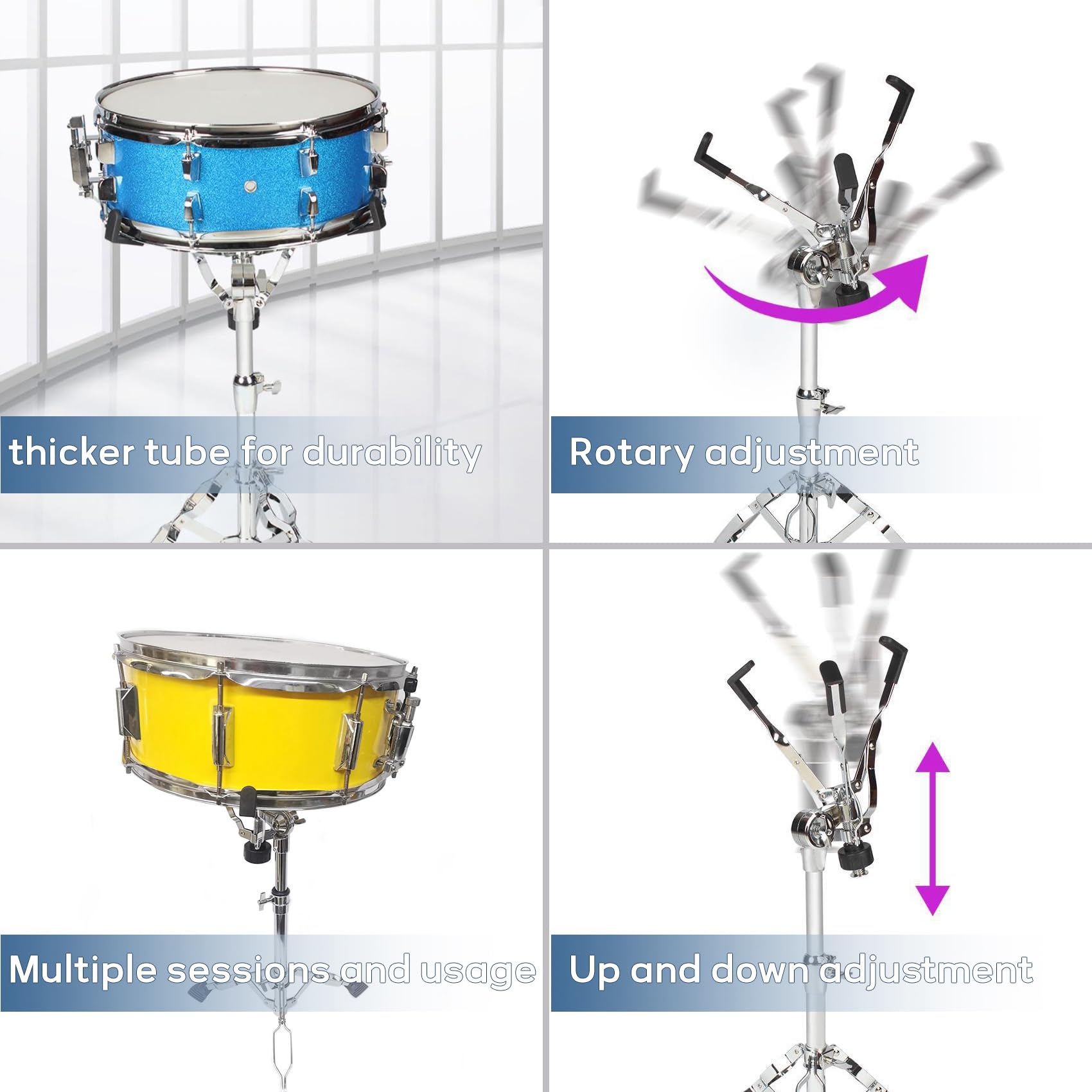 Supporto per rullante, supporto regolabile per rullante da concerto, supporto a doppio braccio per batteria da 8 a 14", tamburo in acciaio