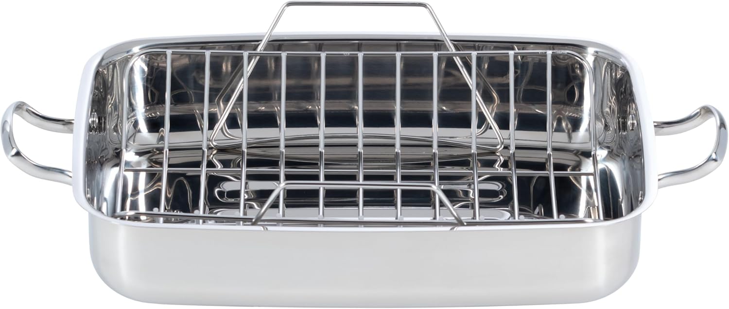 Lagostina Ambiente, Stainless steel Roasting Pan with Rack 15.3" x 11" x 3", Stainless Steel