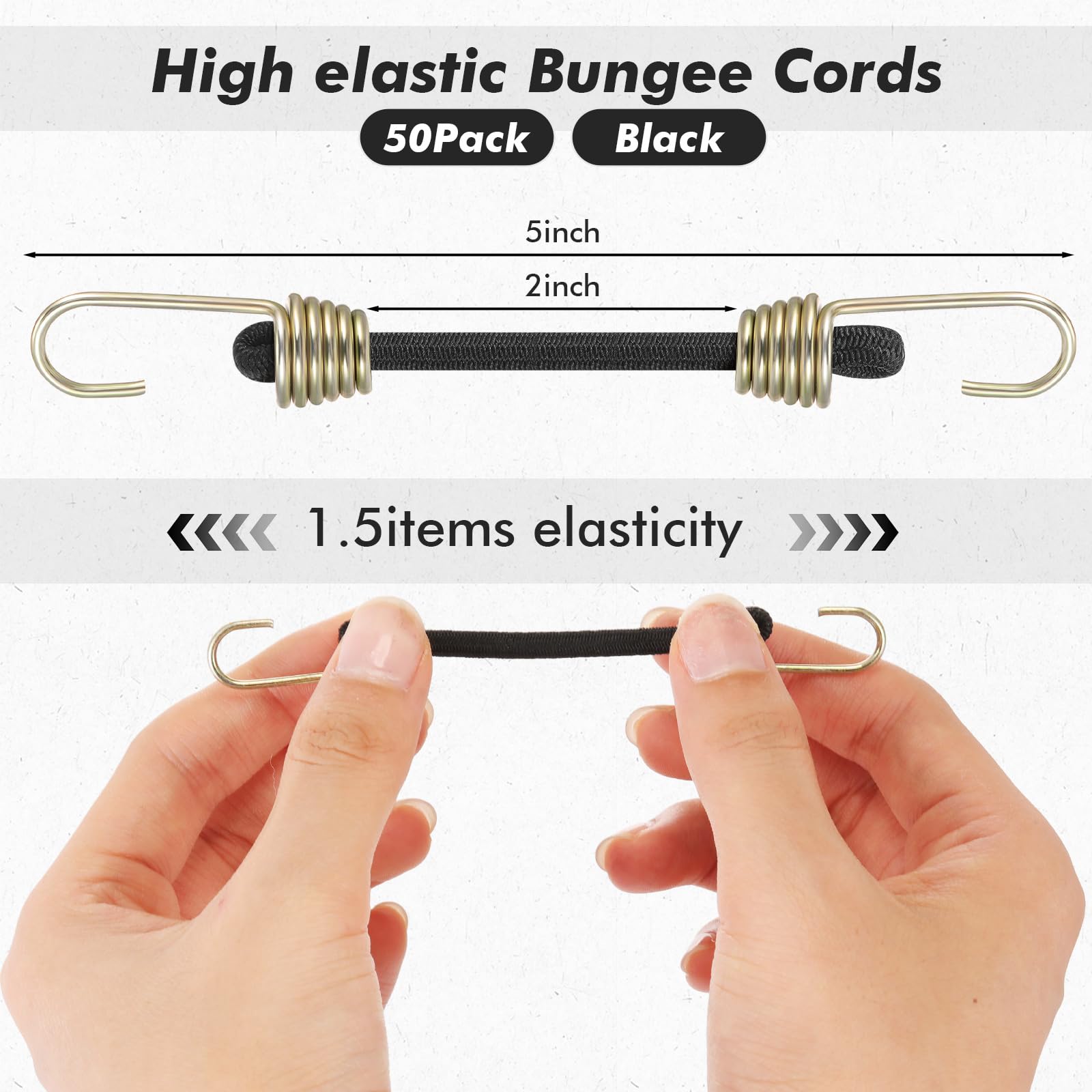 50 mini cuerdas elásticas con ganchos, pequeñas cuerdas elásticas cortas para equipaje, bicicletas, herramientas de camping, lona, motocicleta, carga (negro, 2 pulgadas)