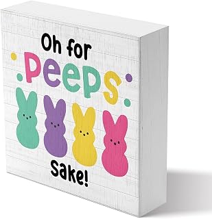 Funny Easter Wooden Box Sign - "Oh for Peeps Sake" Bunny 5×5 Inch, Farmhouse Home Kitchen Bathroom Shelf Decor