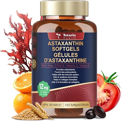Totaria 4-in-1 Astaxanthin 12mg with Coq10, Vitamin C& E,120 Softgels | Strength Astaxanthin Antioxidant Supplements for Skin ,Eye& Immune Health,Fresh Microalgae Source,Gluten Free,Non-GMO