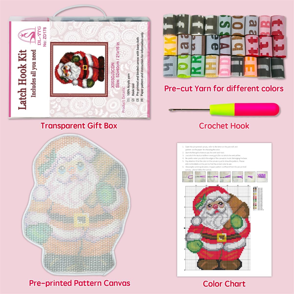 DL-YTG Latch Hook Kits Rug Santa Claus Crochet Yarn Cushion Colour Pre-Printed Canvas Cover Rug Needlework DIY Hook and Latch Kit Christmas Home Decoration 52x38cm/20 X15inch