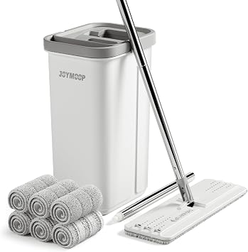 JOYMOOP Microfiber Flat Mop System with Bucket, White, Hands-Free Floor Cleaning Set, Wet and Dry Use, 6 Reusable Pads