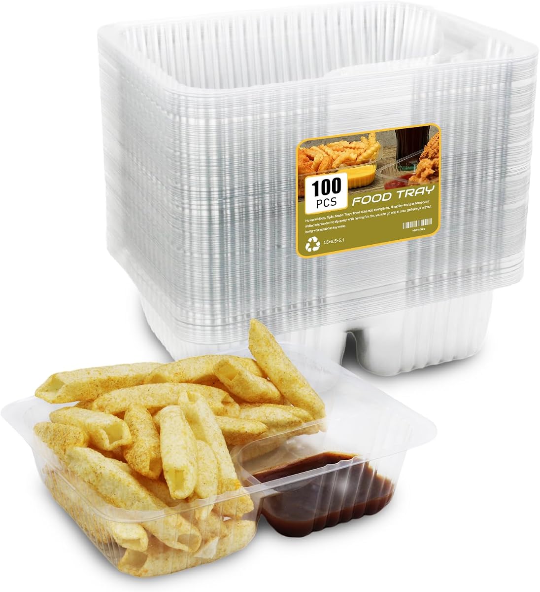 100 PC Nacho Trays Disposable, 12oz Plastic Nacho Containers with Chip and Dip Holder, 6x5 In 2 Compartments Clear Snack Trays for Kids,Parties, Movie Night Supplies (Plastic-100pc)