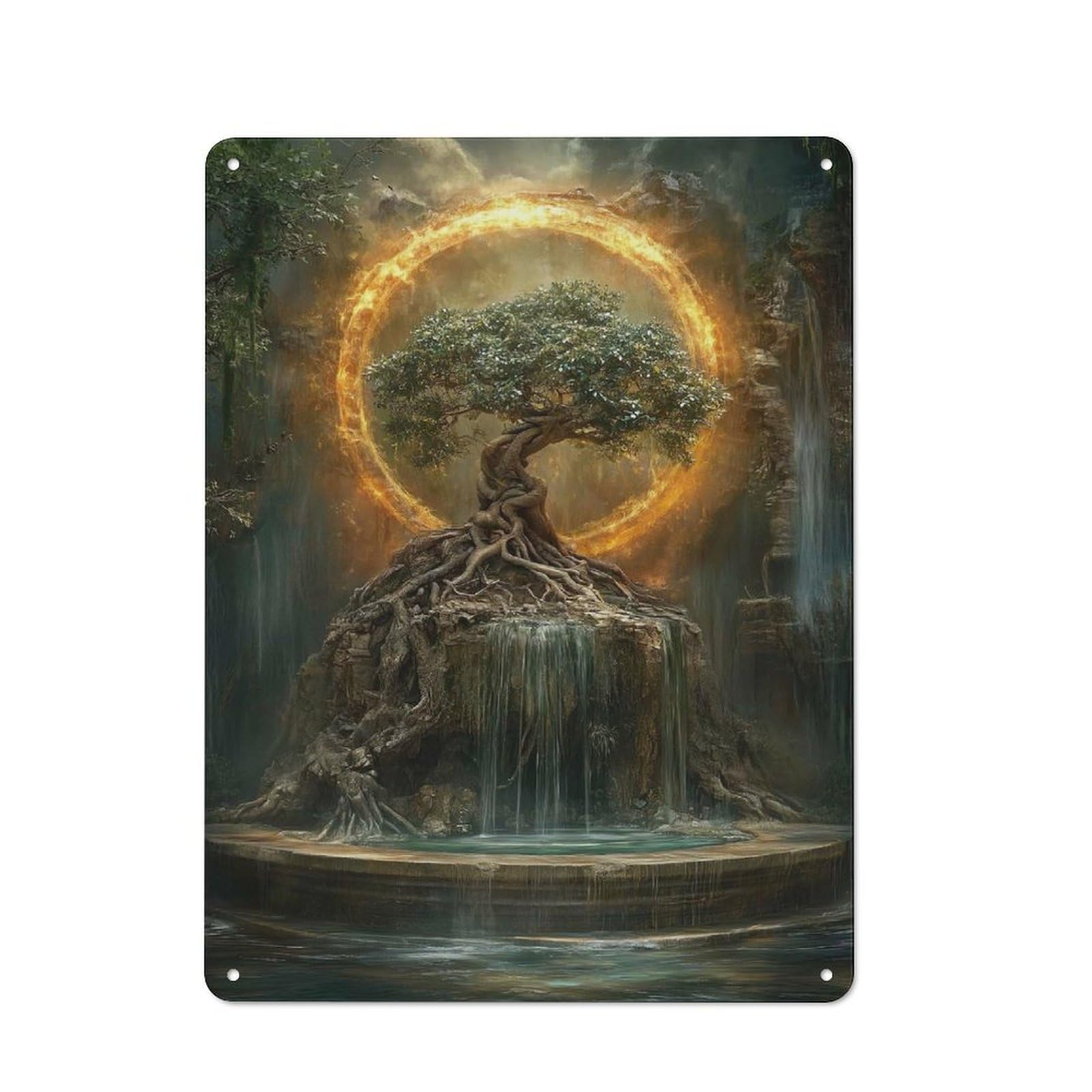 Junmoney Style-8 Mystical Tree With Fire Ring Rustic Tin Sign 40X30cm For Garden Room Or Summerhouse, For An Autumn Wall Display In Garden Room And Summerhouse