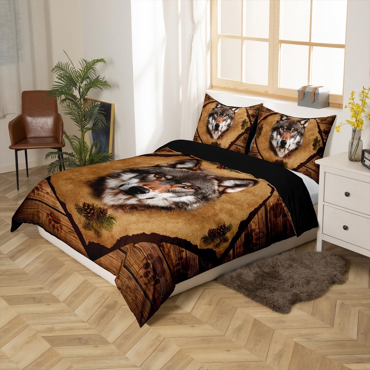 3D Wolf Head Print Bedding Set Queen Size 3 Pcs,Wild Animal Paw Print Lodge Cabin Duvet Cover for Kids Teens Adults,Pine Cones Retro Brown Grid Stripes Comforter Cover with 2 Pillowcases,No Comforter