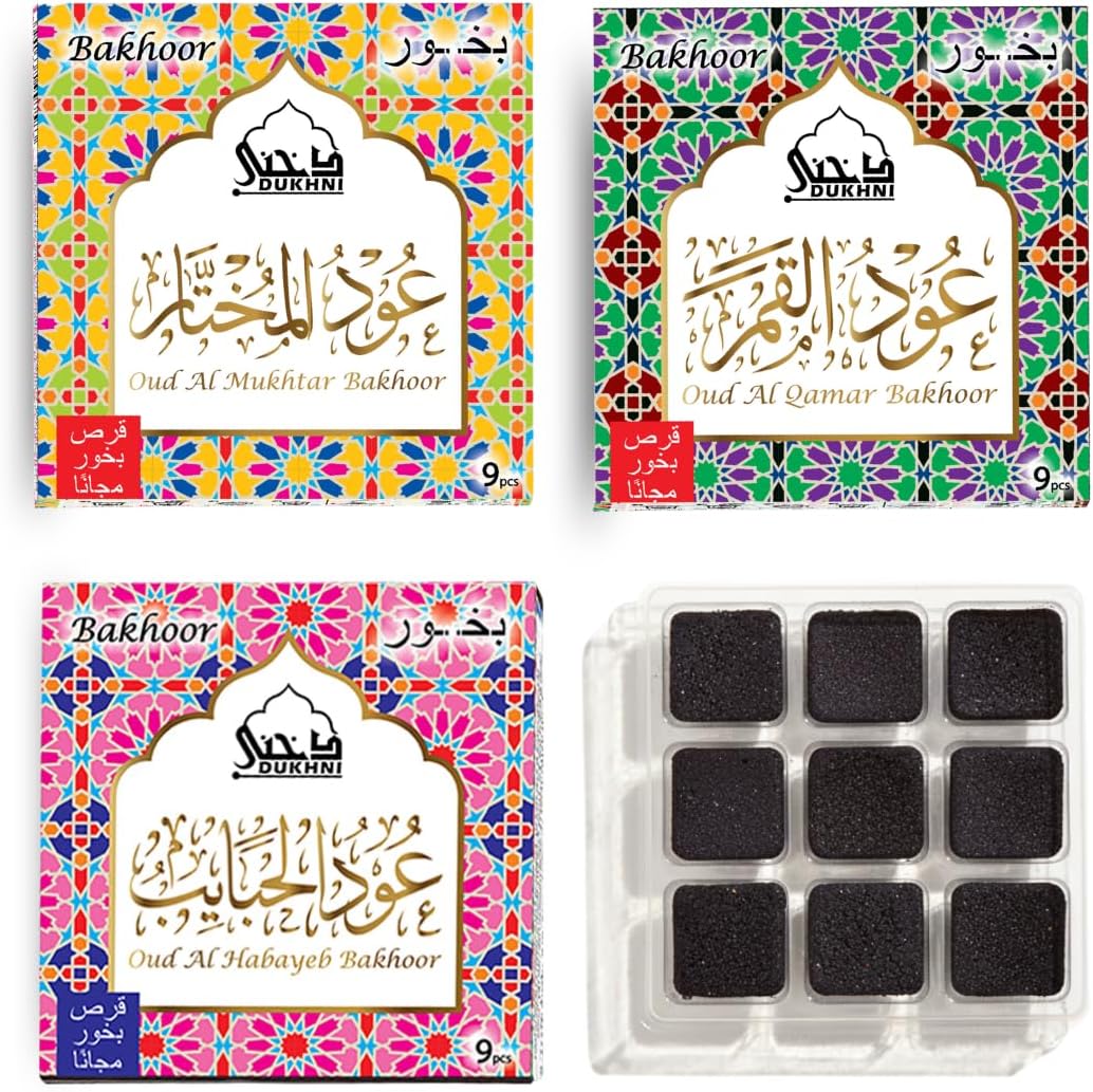 Dukhni Oud Al Mukhtar & Al Qamar Bakhoor | 3 x 9 Piece Each | Assorted Arabic Incense | Perfect for Relaxation, Meditation & Prayer | Rich, Luxurious, Long Lasting