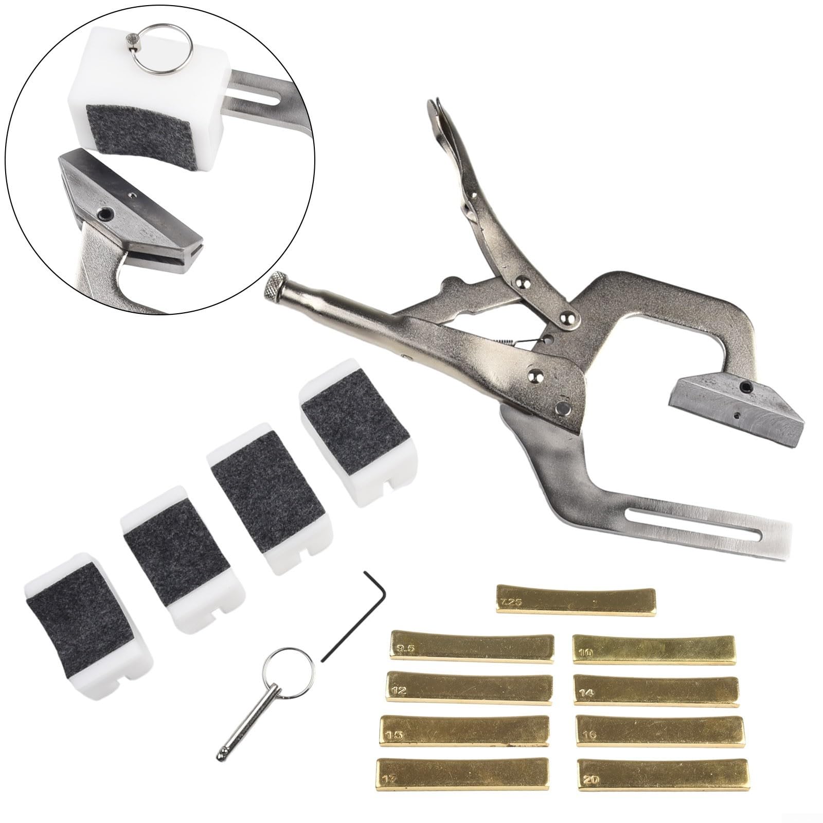 Strumento portatile per chitarra con 9 inserti per raggio, regolabile, per liutaio, per sedere i tasti della chitarra, basso, ukulele, mandolino e banjo (pressione dei tasti con 9 inserti per raggio)