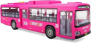 City Bus Toy for Toddler, Friction Powered Toy Cars with Lights and Sounds, Realistic Tires, Simulated Functional Doors, Christmas and Birthday Gift for Boys Girls 3 4 5 6 Years Old, Pink