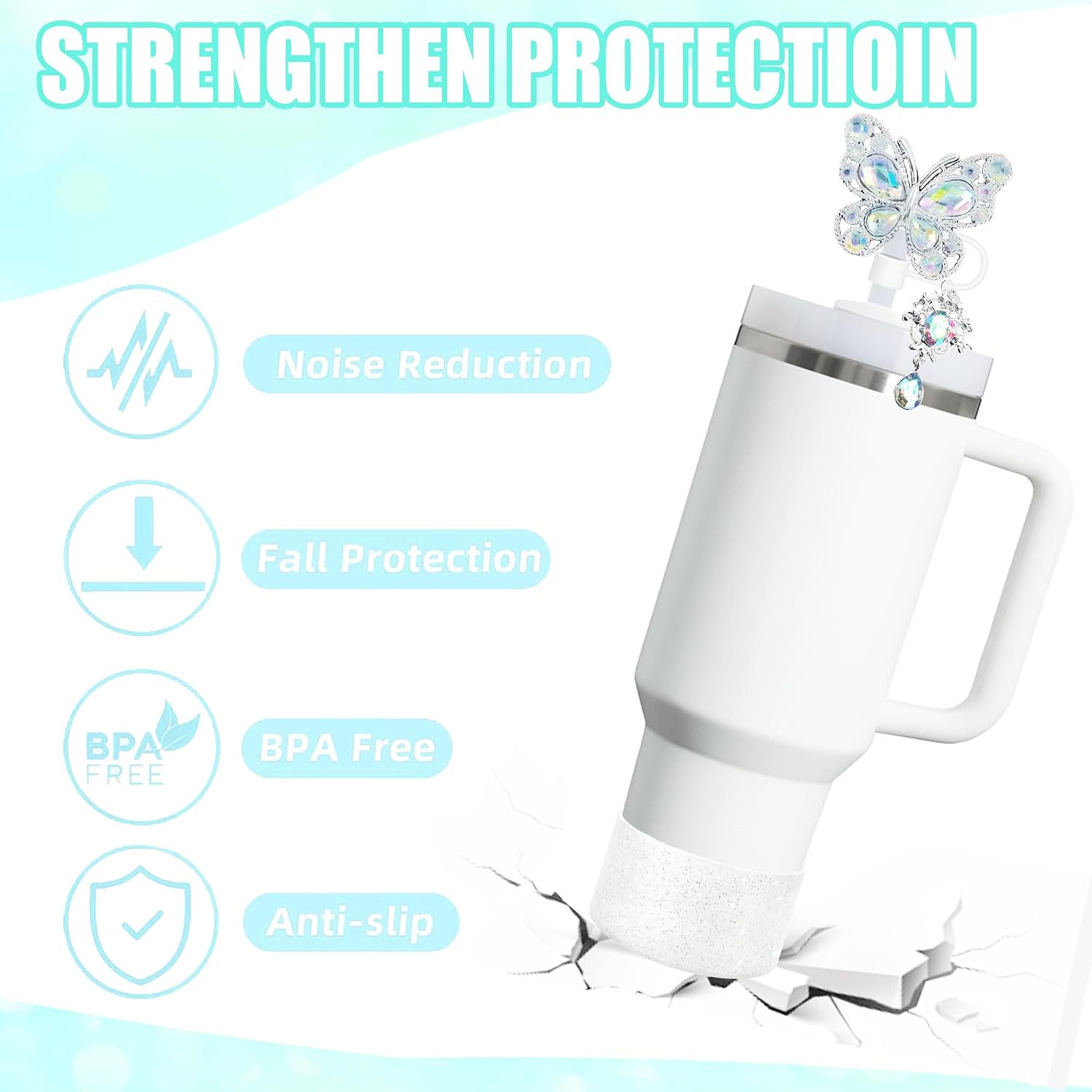 Accessories for Stanley Cup，Butterfly Chain for Stumbler with Handle, Silicone Boot and Straw covers Stuff Decor Water Bottle Jewelry Tumbler Personalized Decorations Tag (Shiny White) image 3