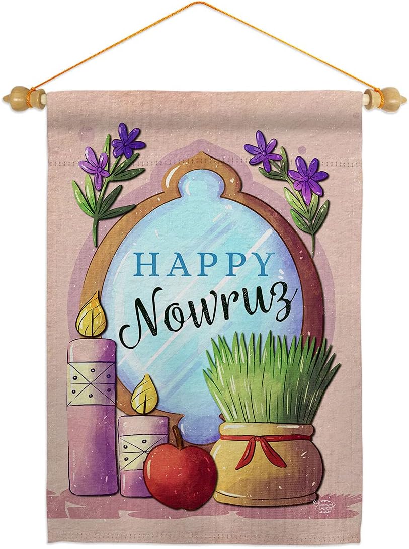 Nowruz Celebration Flag Wall Scroll Wood Dowel Set Tapestry Indoor Poster Home Decor Kitchen Room Door Hanging Iranian Decorcations Porch Sign for House Persian New Year Gifts Made in USA