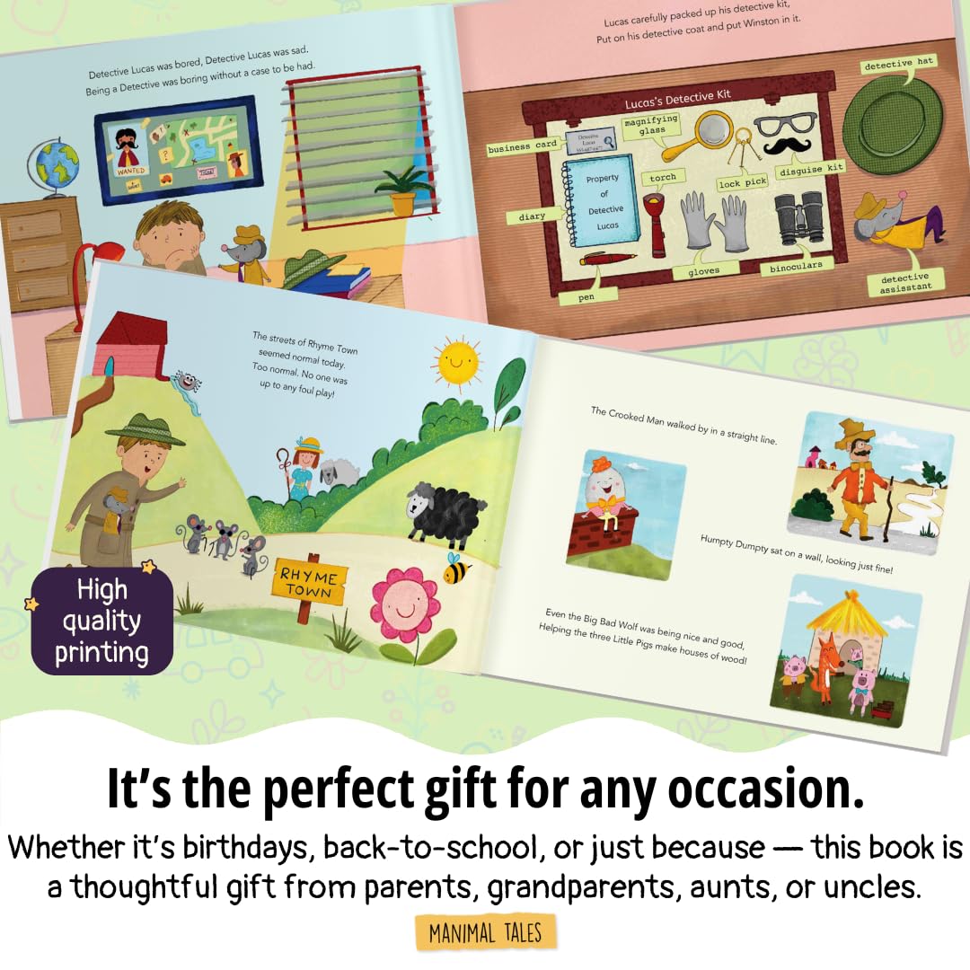 Personalized Mystery Detective Book – Nursery Rhyme Detective Adventure Inspired by Hey Diddle Diddle - Custom Story for Kids Ages 2–8 Personalized Gift for Boys & Girls - Manimal Tales (8" x 11")