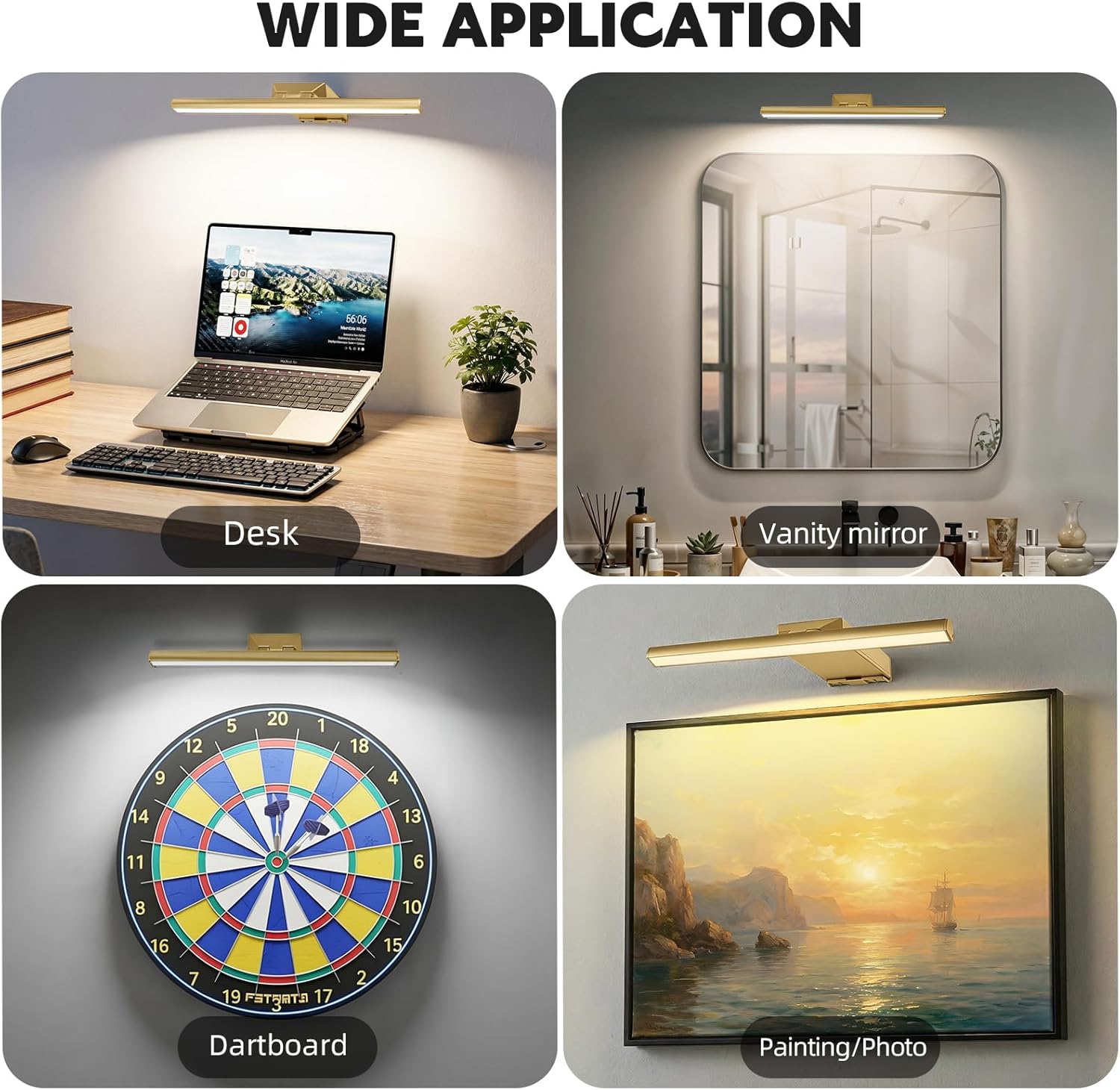 16" Picture Lights for Wall, 10000mAh Rechargeable Wireless Art Light with Remote, 300lm Bright Dimmable 3 Color Temps Art Lighting for Paintings Frame Gallery Dartboard, Gold