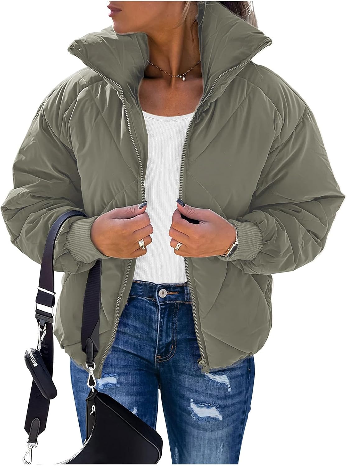 Cropped Puffer Coat for Women Winter Stand Collar Zip Up Quilted Jacket Lightweight Long Sleeve Puffy Coats Outwear