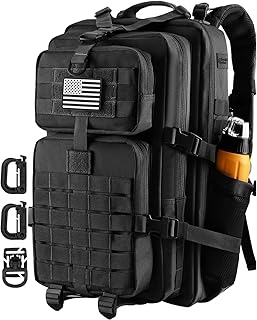 45L MOLLE Assault Backpack, Tactical Backpack Military Army Camping Rucksack with Bottle Holder, 3-Day Pack Trip w/USA Flag Patch, D-Rings, Black with Grey Patch