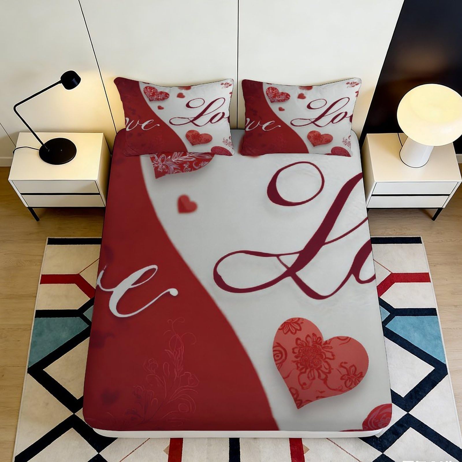 3D Printed Heart Love Fitted Sheet Microfiber Deep Pocket Elastic Hem Bedding Heart Mattress Fitted Cover for Bedroom 180x200x25cm