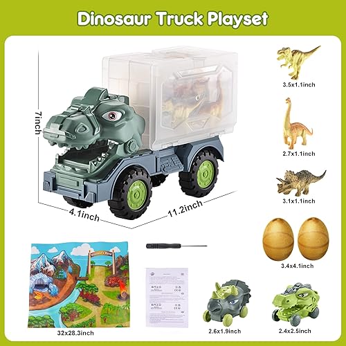 Miniatura 7 de VATOS Juguete de camión de dinosaurio para niños de 3 a 7 años, juego de juguetes de transporte de tiranosaurio Rex con carrito de dinosaurio,